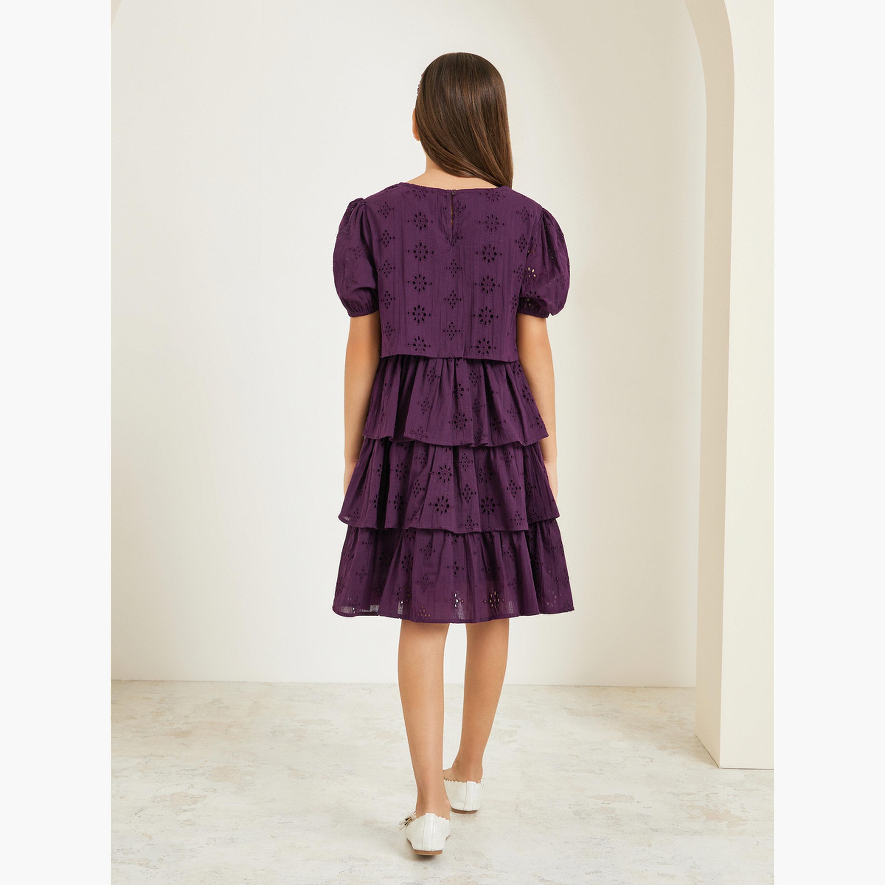 Styli Girls Tiered Eyelet Puff Sleeve Tiered Dress-girls-clothing-dressesandjumpsuits-image-3