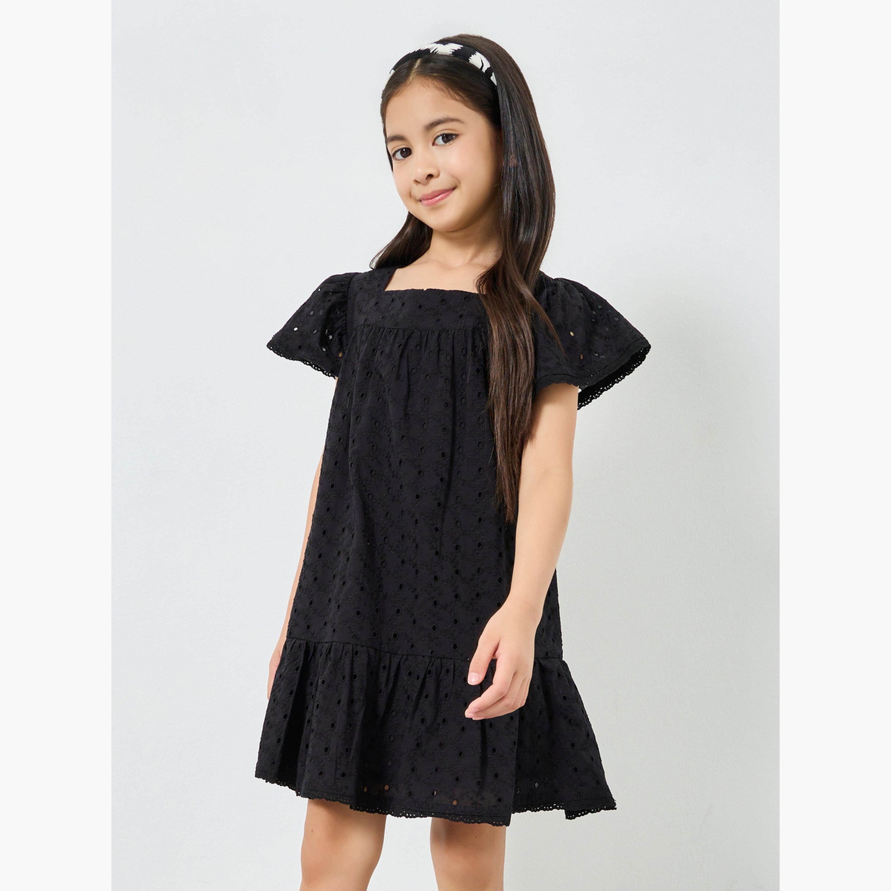 Styli Girls Black Schiffli Ruffled Hem Dress-girls-clothing-dressesandjumpsuits-image-1