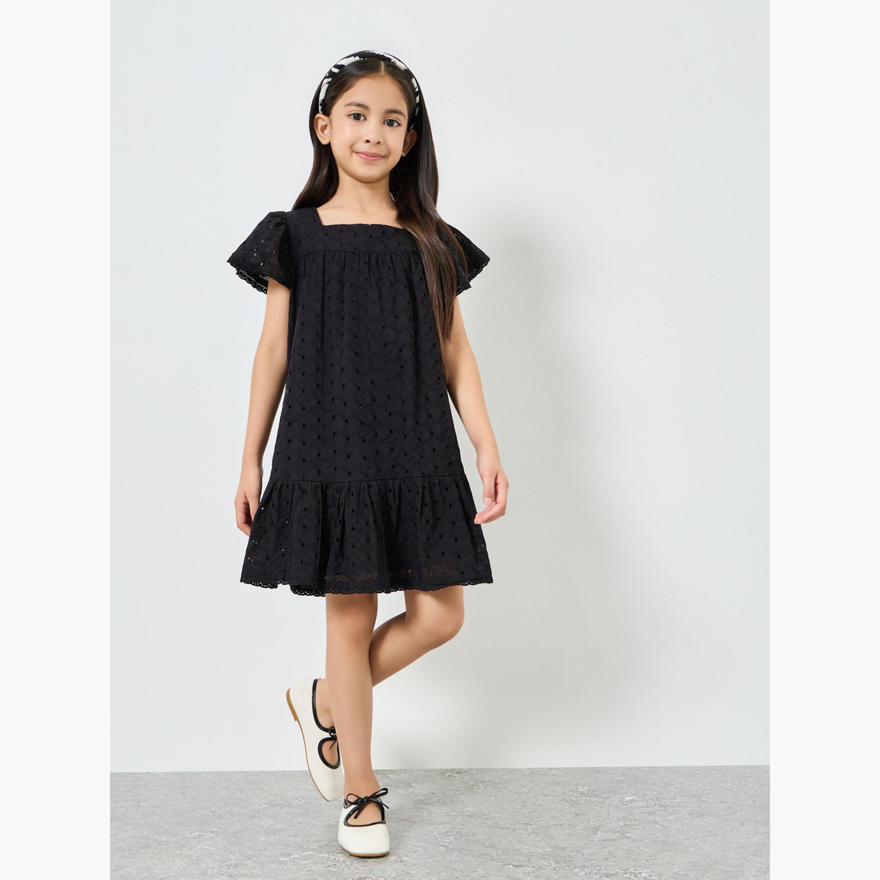 Styli Girls Black Schiffli Ruffled Hem Dress-girls-clothing-dressesandjumpsuits-image-2