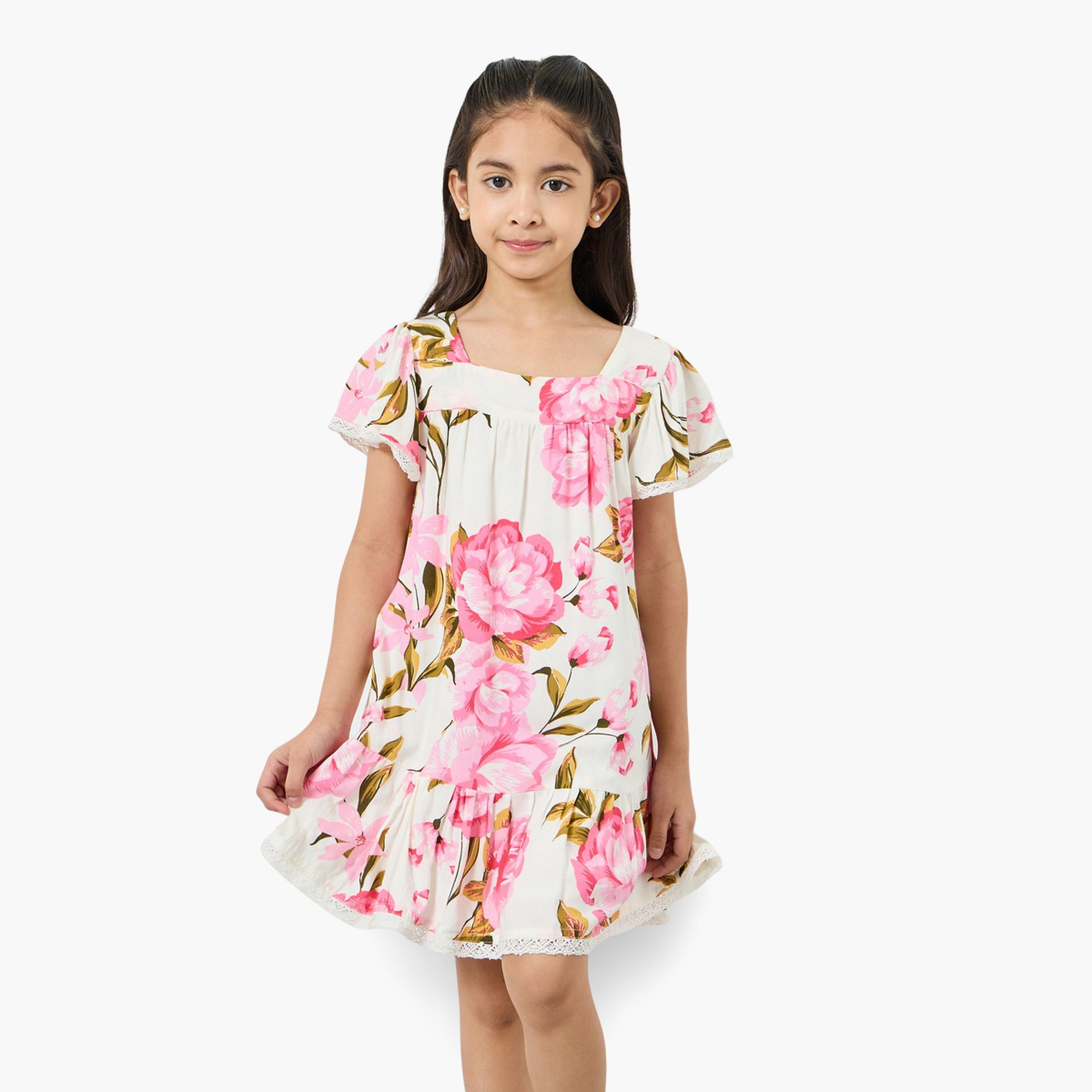 فستان ميني بحافة واسعة وطبعة زهور-girls-clothing-dressesandjumpsuits-image-1