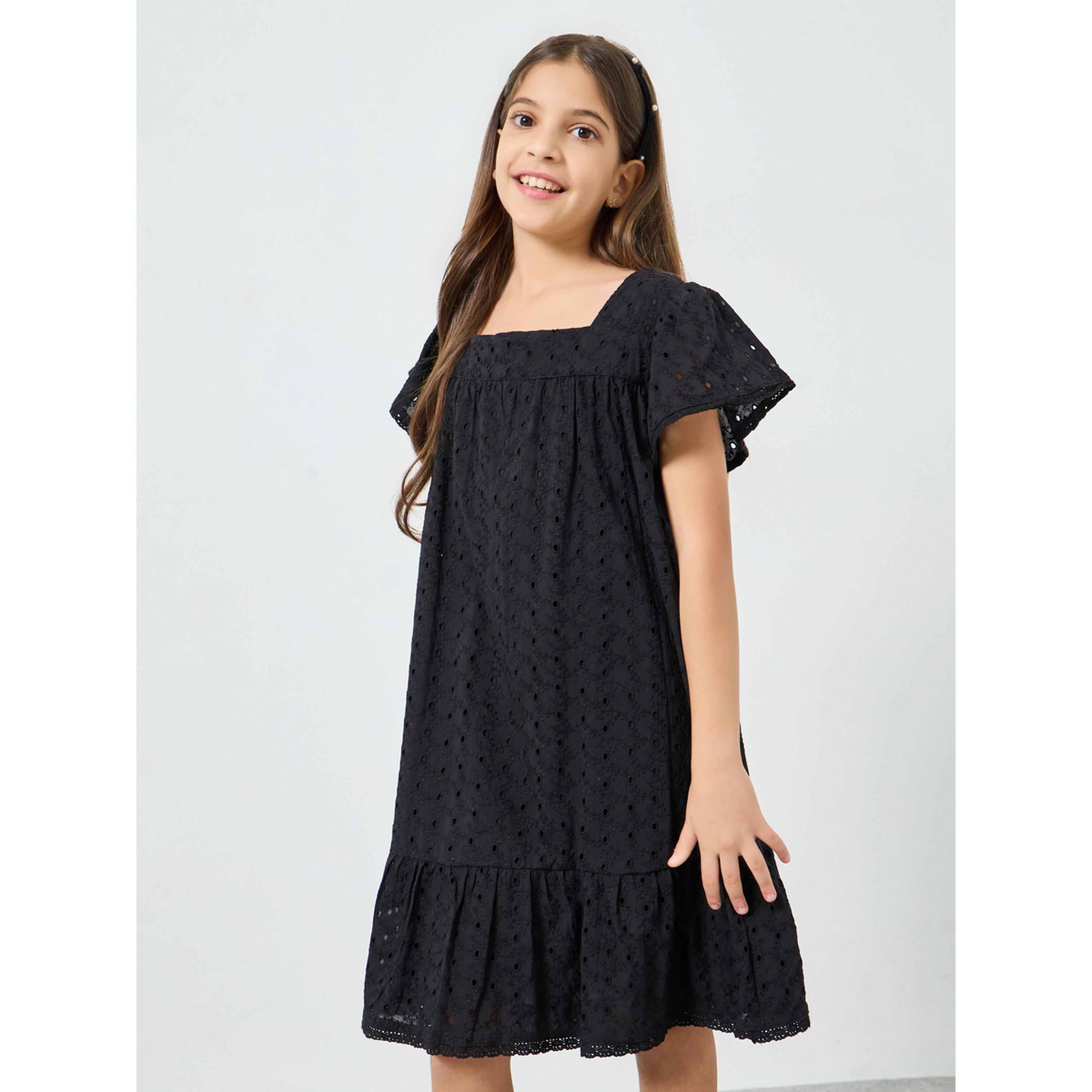 فستان شيفلي بياقة مربعة وأكمام كشكش-girls-clothing-dressesandjumpsuits-image-1