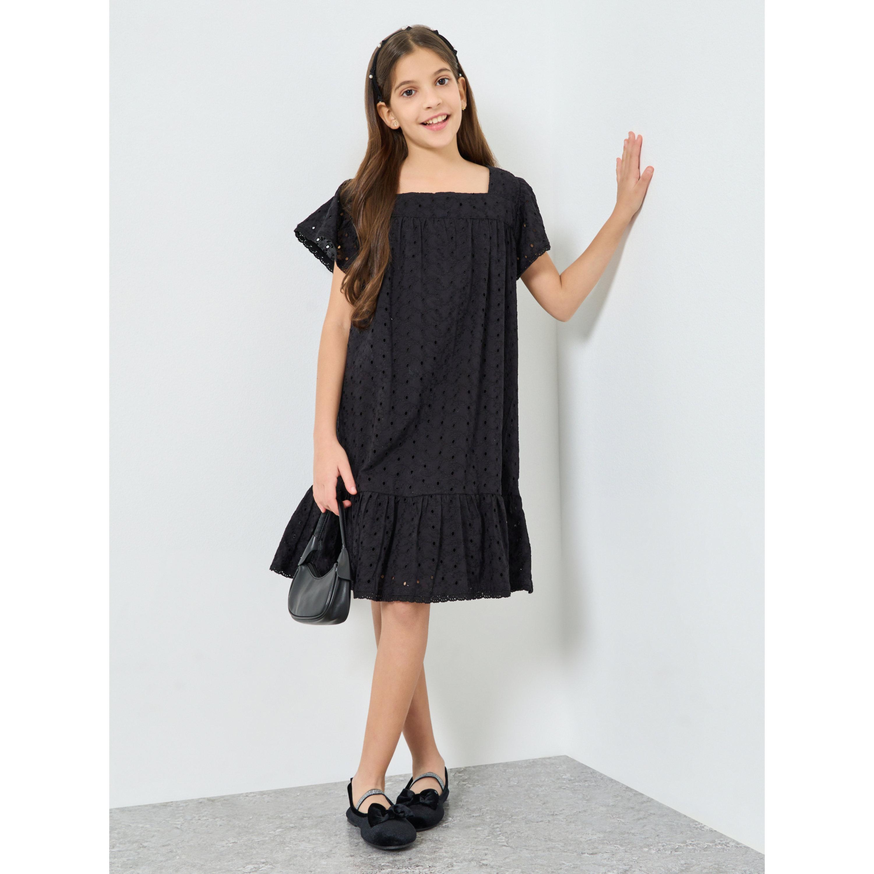 فستان شيفلي بياقة مربعة وأكمام كشكش-girls-clothing-dressesandjumpsuits-image-2
