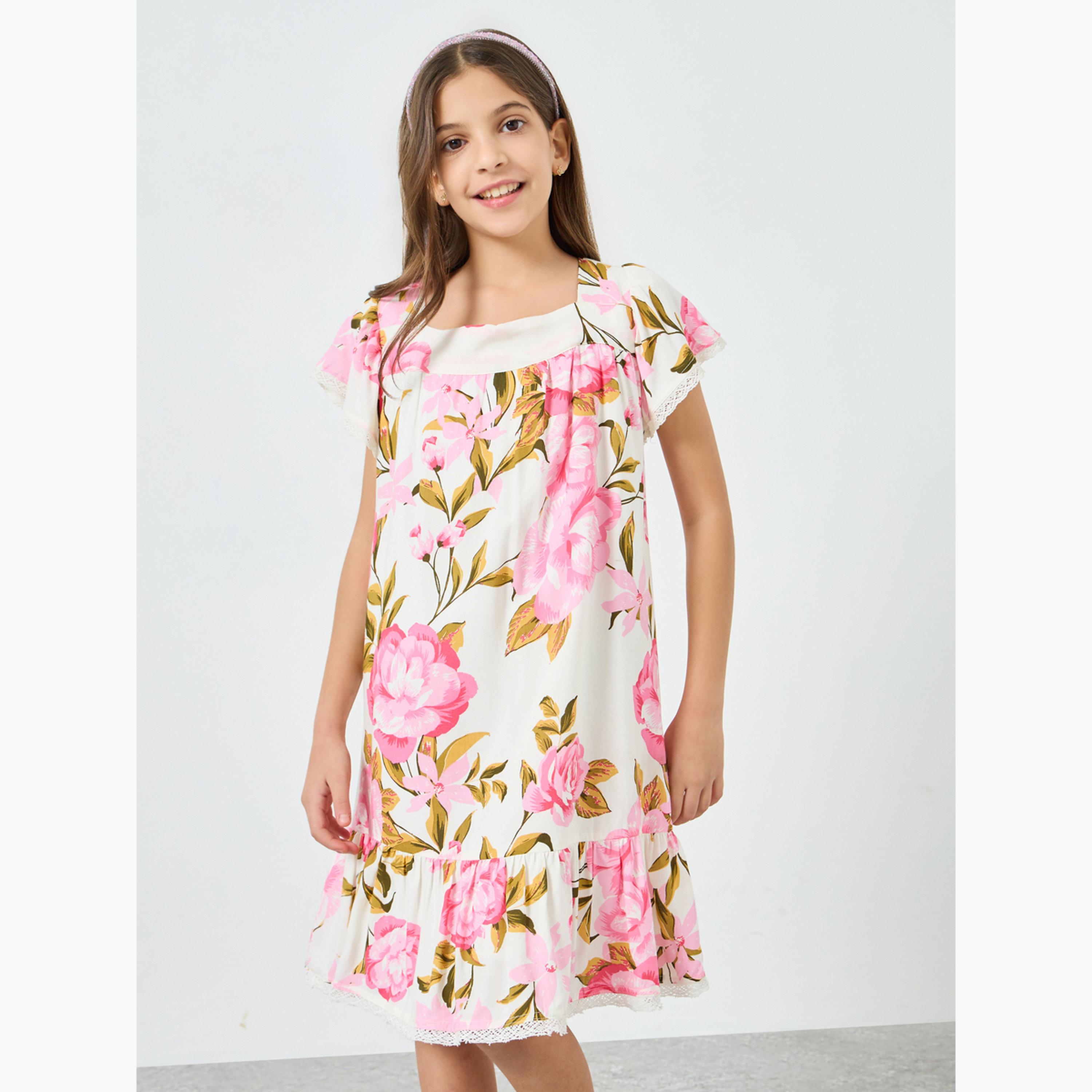 فستان شيفلي بياقة مربعة وأكمام كشكش-girls-clothing-dressesandjumpsuits-image-1