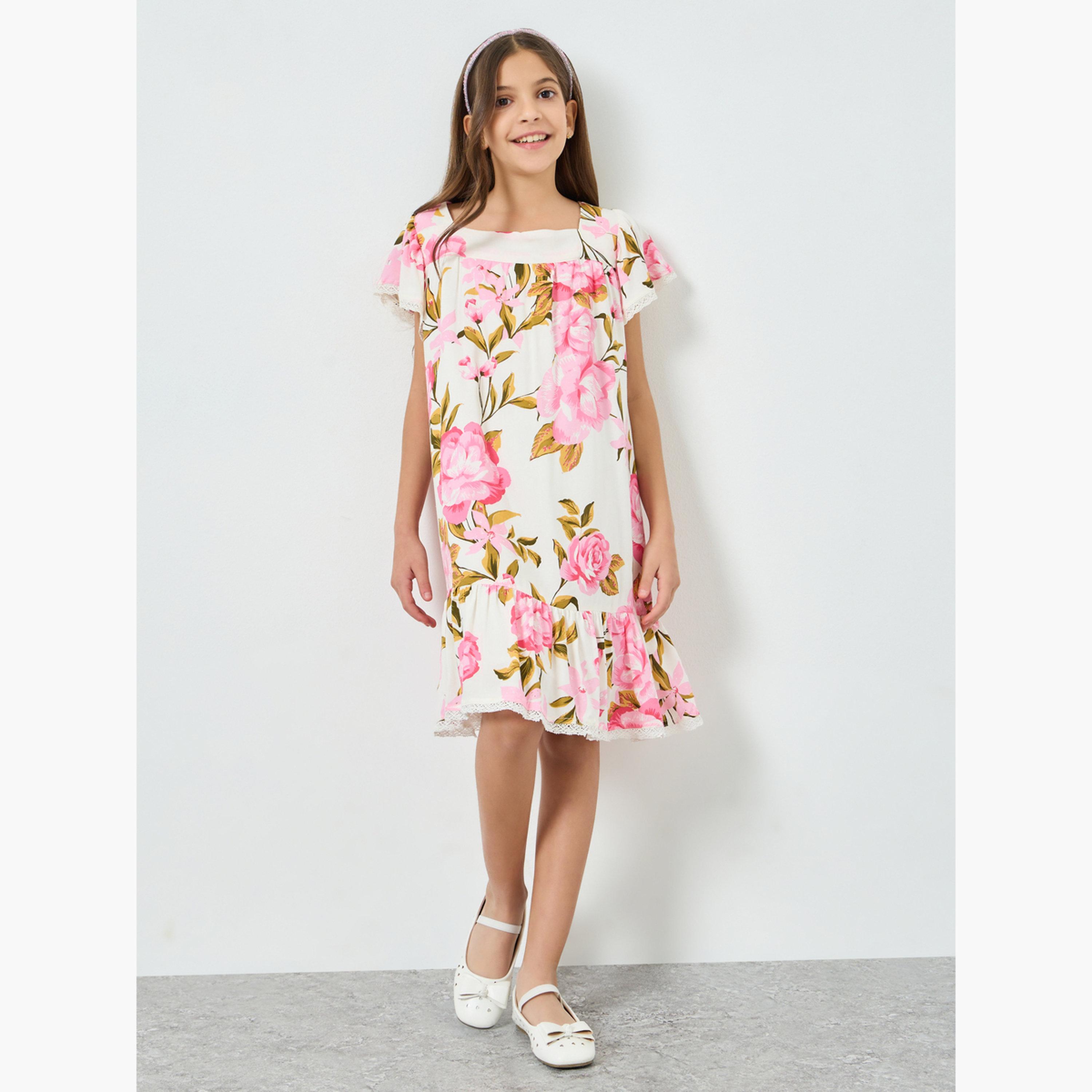 فستان شيفلي بياقة مربعة وأكمام كشكش-girls-clothing-dressesandjumpsuits-image-2