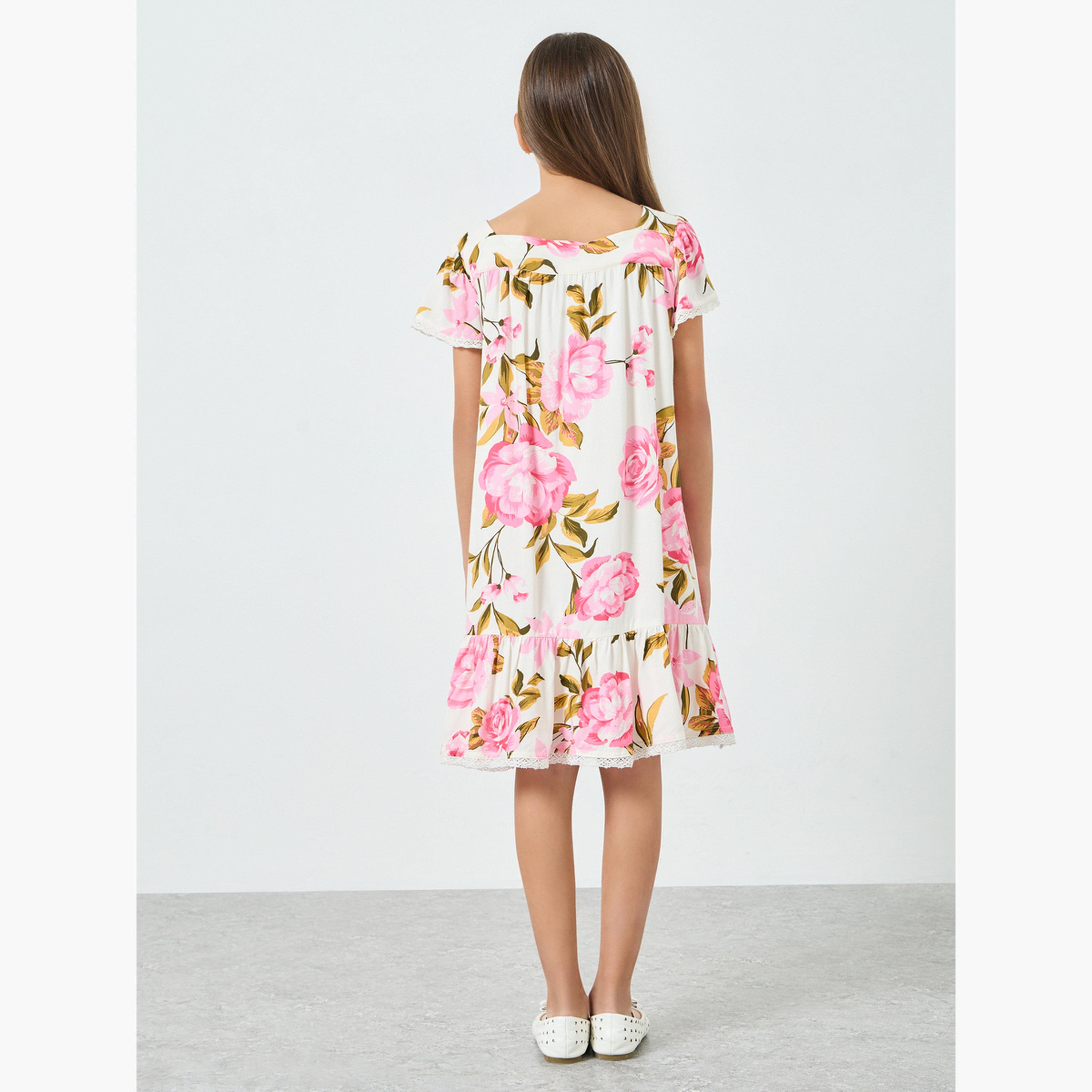 فستان شيفلي بياقة مربعة وأكمام كشكش-girls-clothing-dressesandjumpsuits-image-3