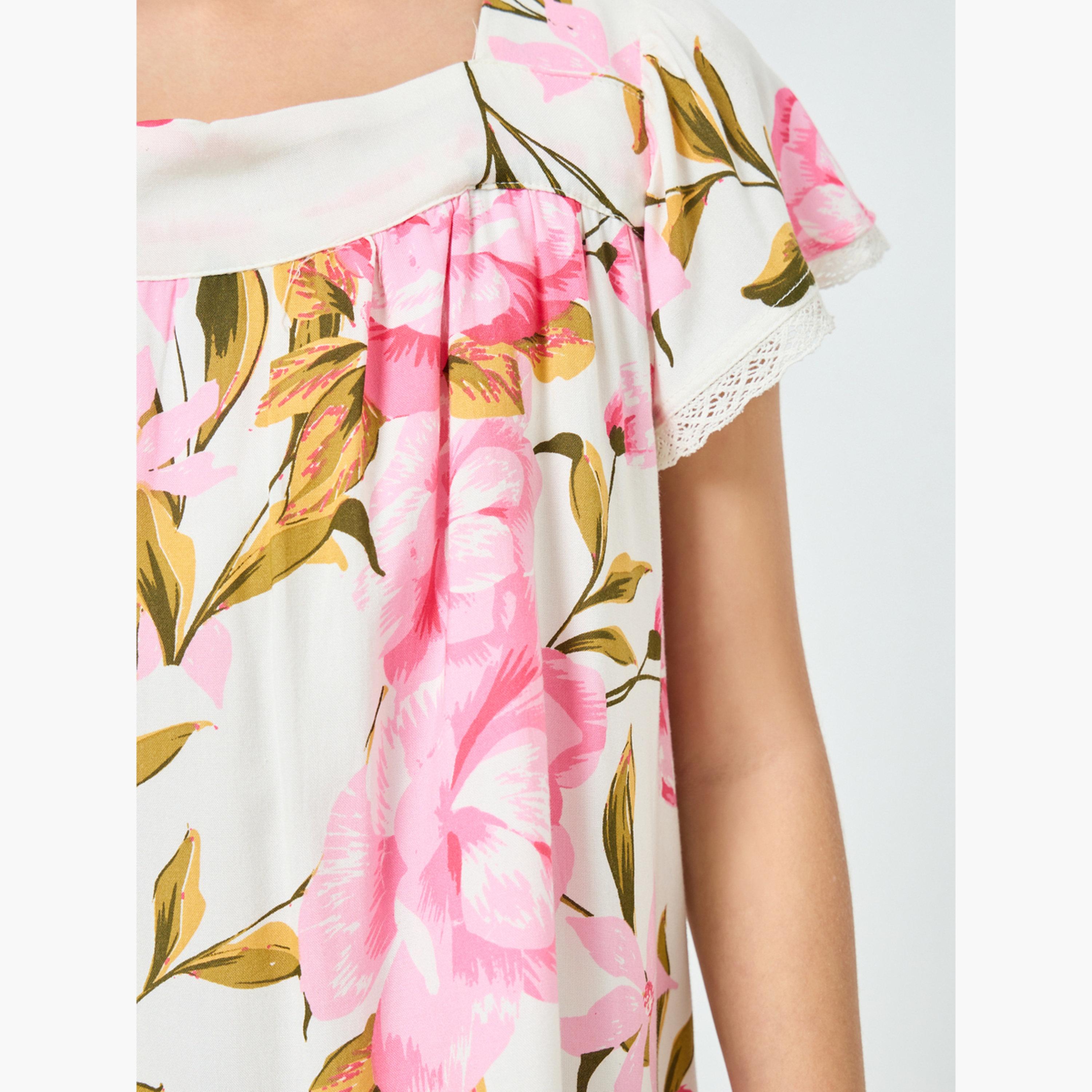 فستان شيفلي بياقة مربعة وأكمام كشكش-girls-clothing-dressesandjumpsuits-image-4