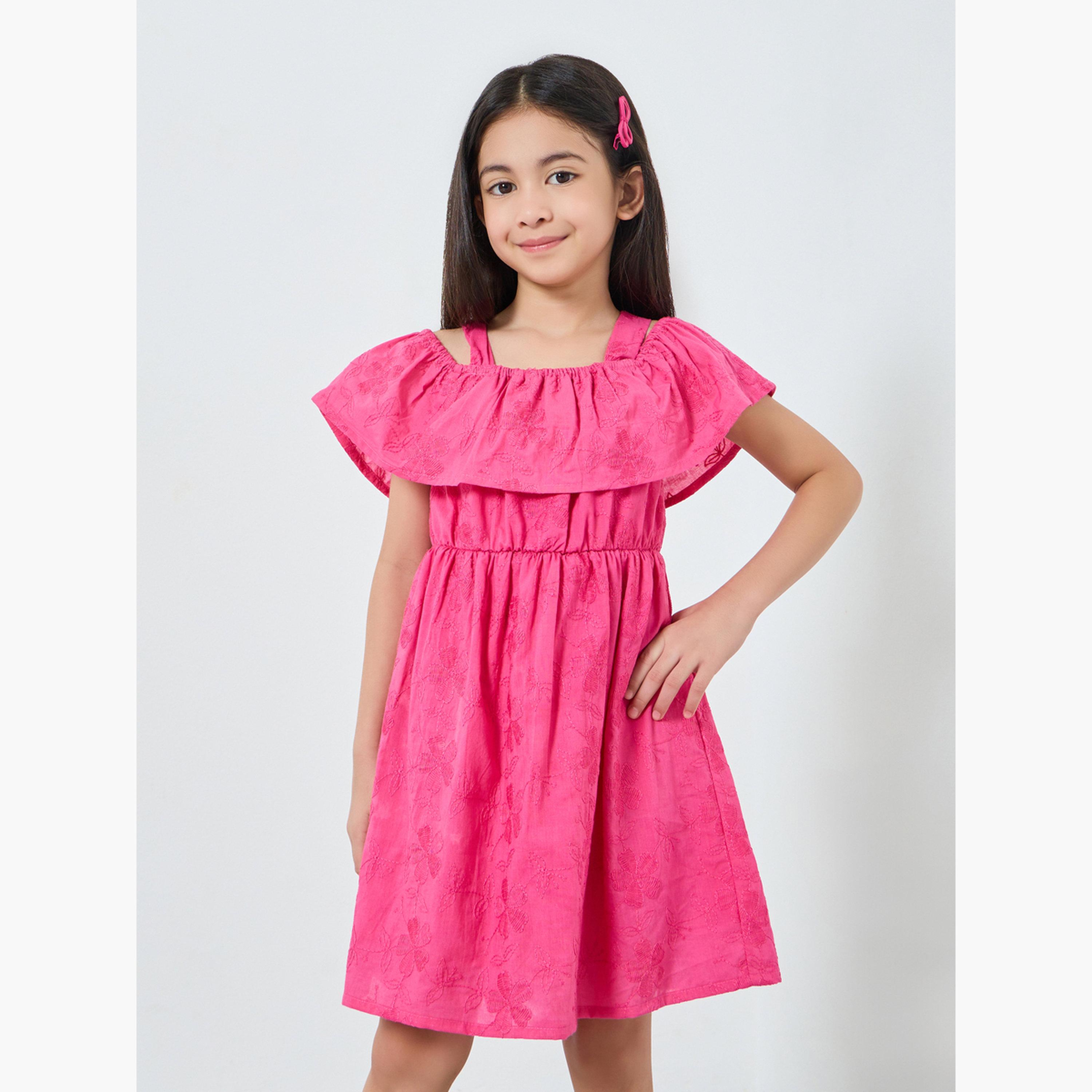 Styli Girls Pink Embroidered Cold Shoulder Dress-girls-clothing-dressesandjumpsuits-image-1