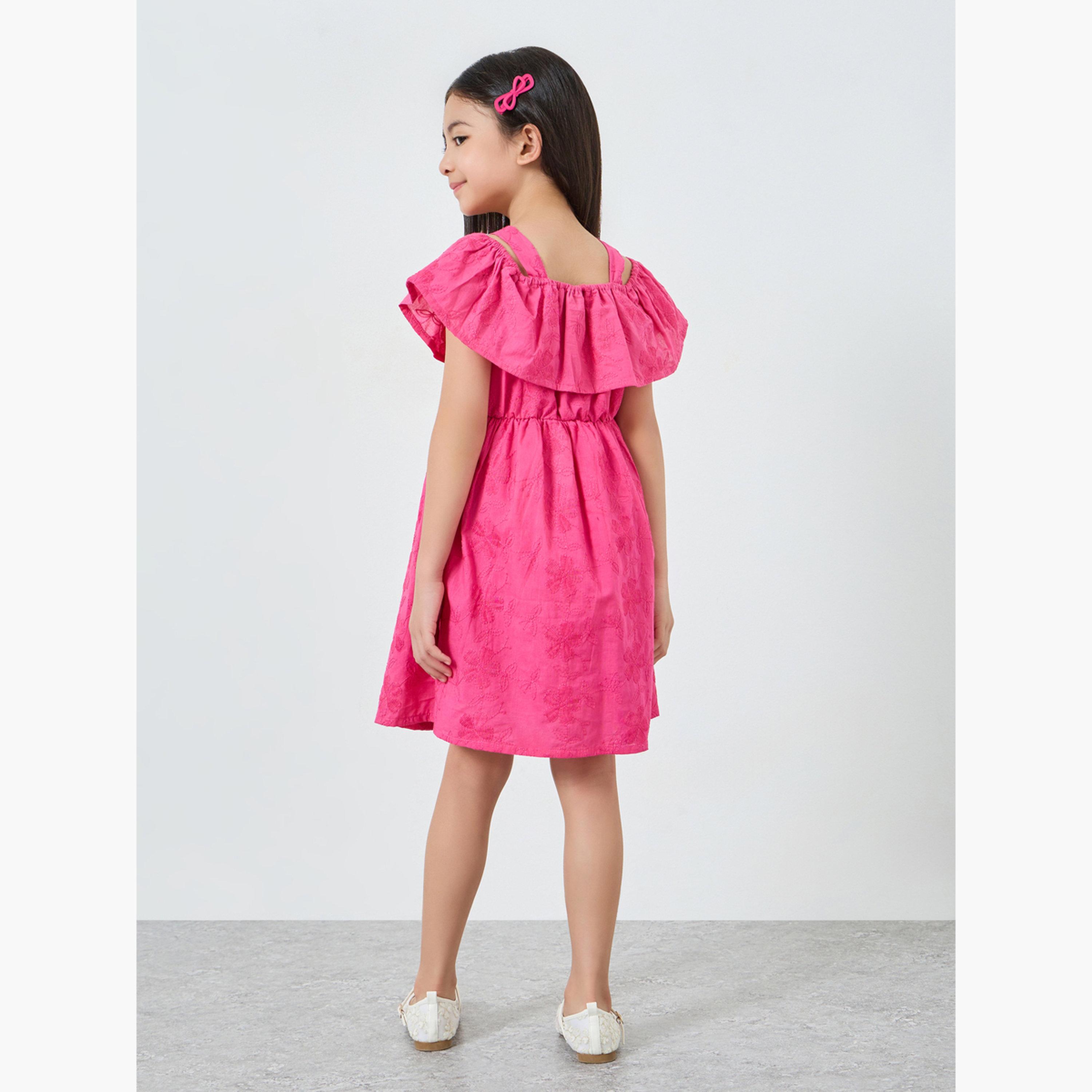Styli Girls Pink Embroidered Cold Shoulder Dress-girls-clothing-dressesandjumpsuits-image-3