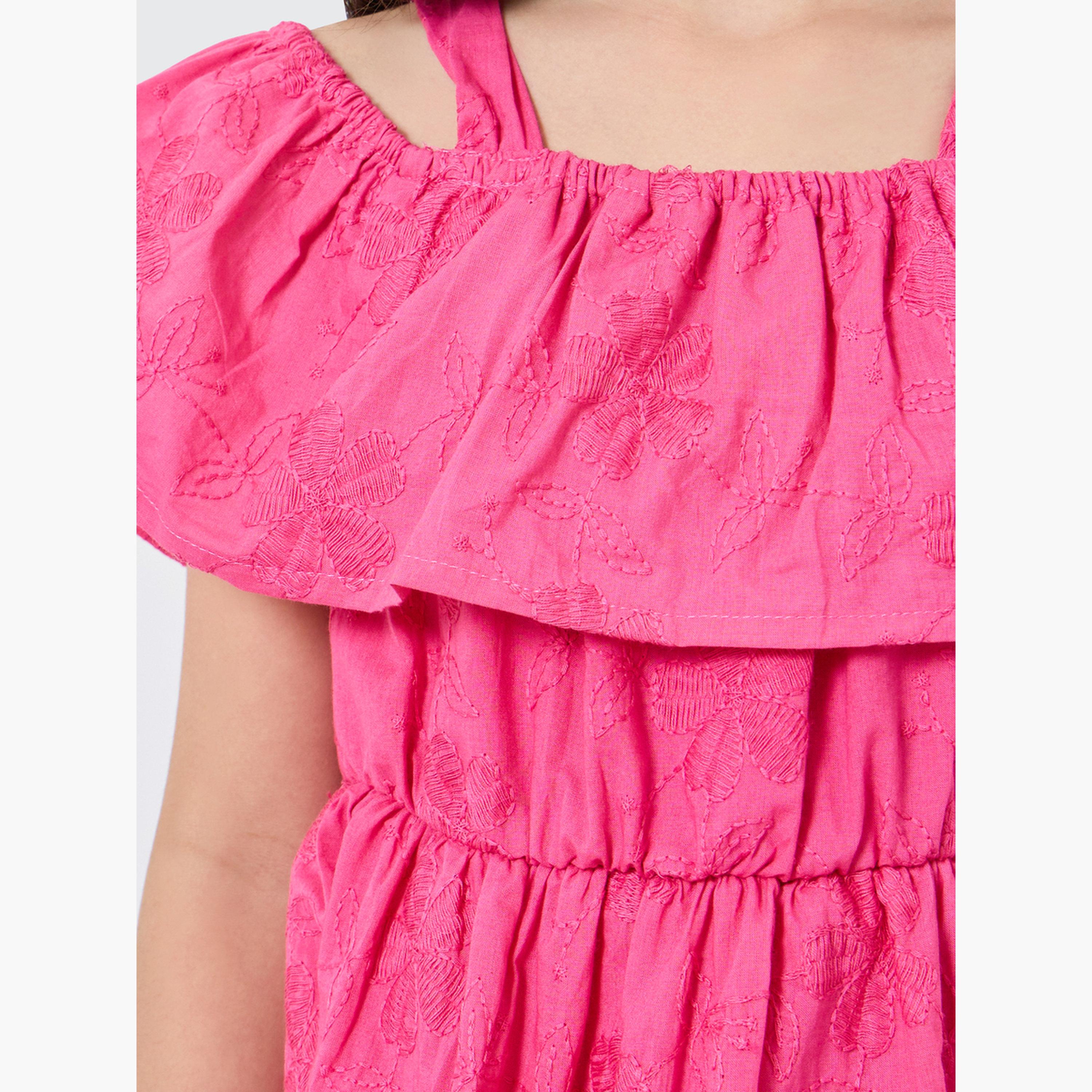 Styli Girls Pink Embroidered Cold Shoulder Dress-girls-clothing-dressesandjumpsuits-image-4