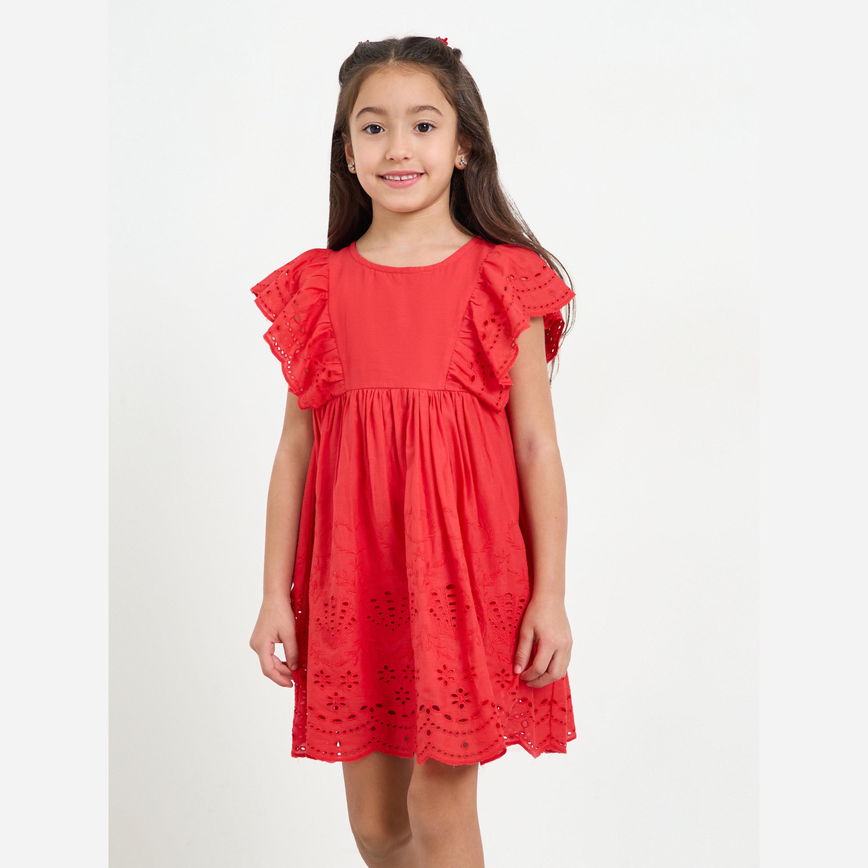 Styli Girls Red Schiffli A-Line Mini Dress-girls-clothing-dressesandjumpsuits-image-1