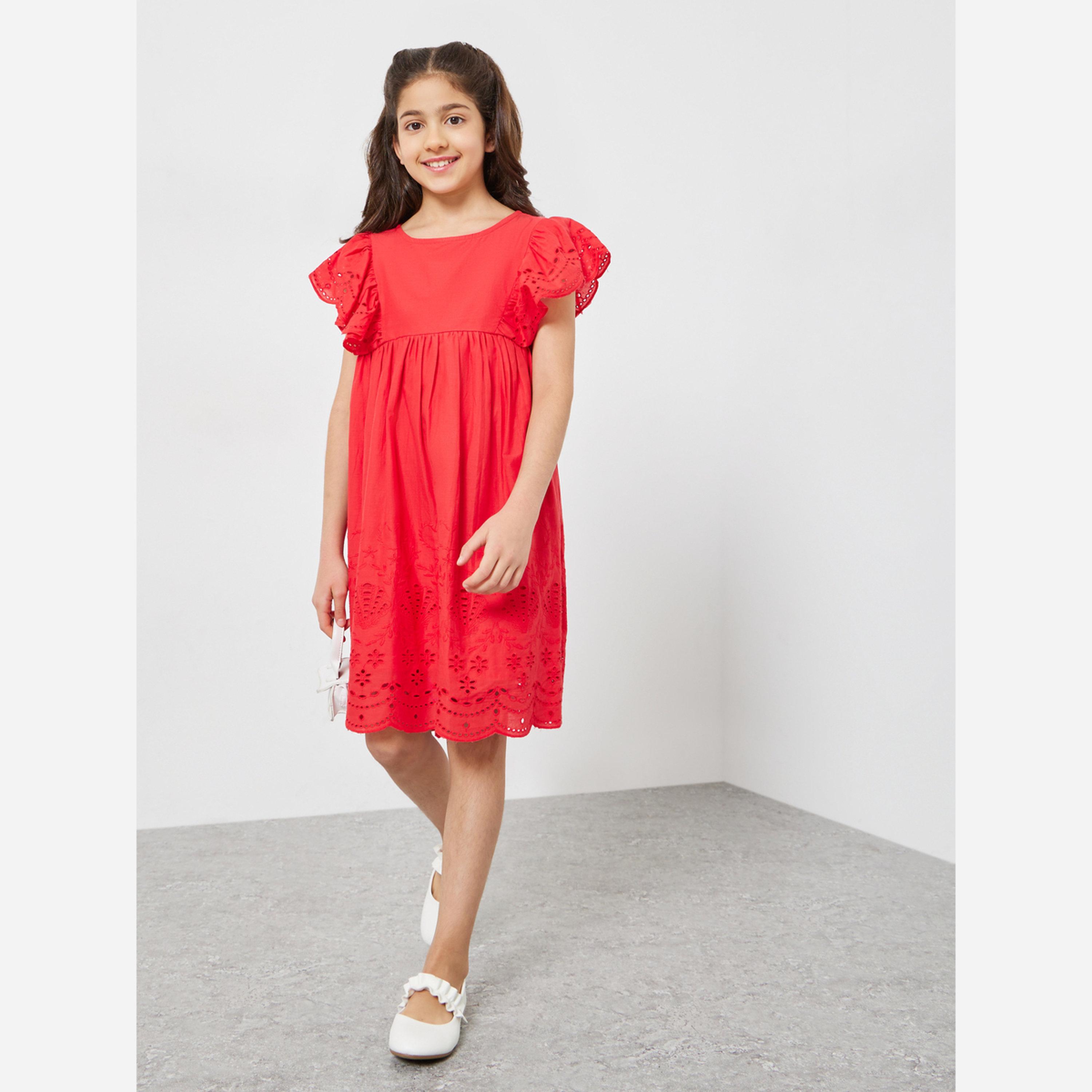 Styli Girls Red Schiffli A-Line Mini Dress-girls-clothing-dressesandjumpsuits-image-1