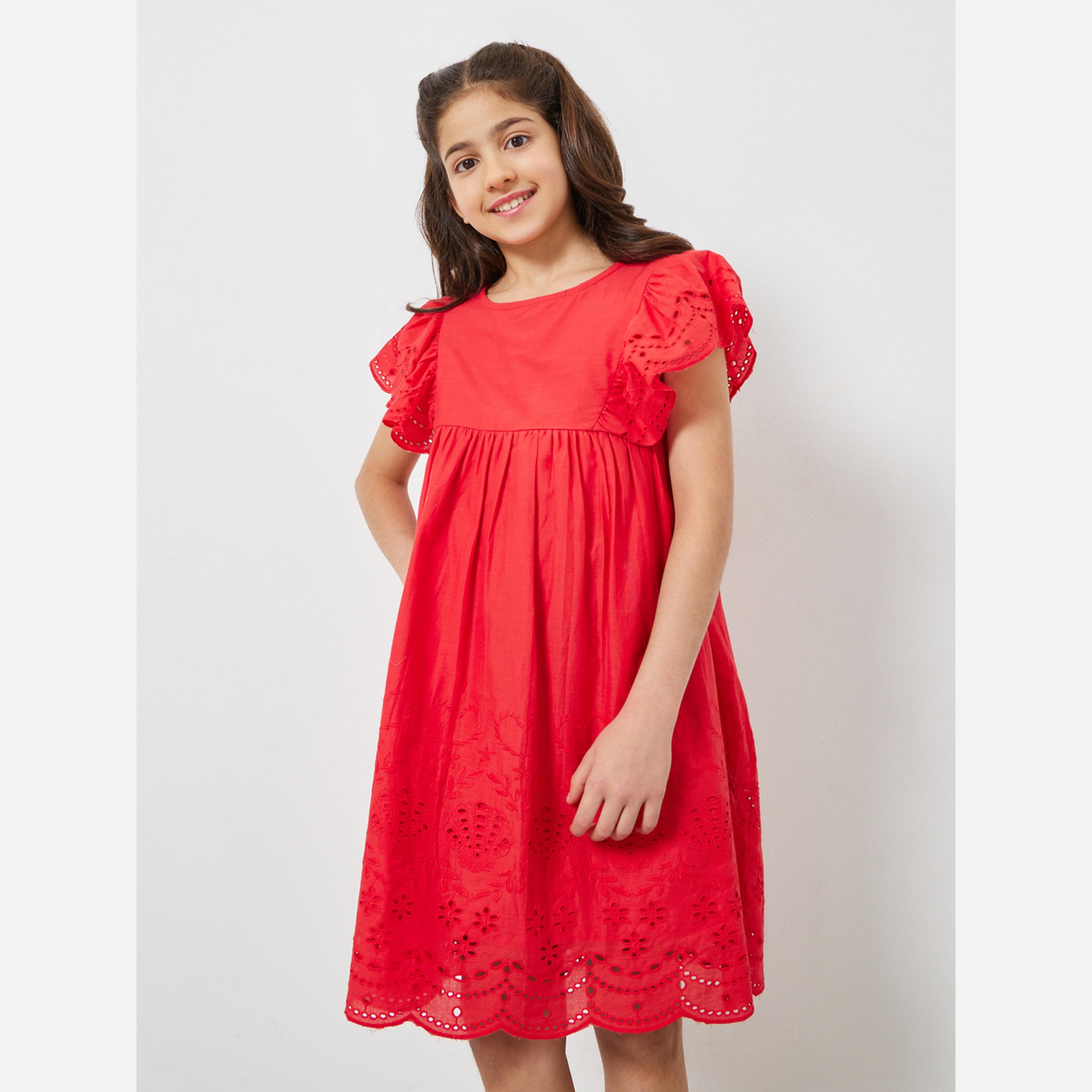 ستايلي - فستان قصير لون أحمر تصميم A للبنات-girls-clothing-dressesandjumpsuits-image-2