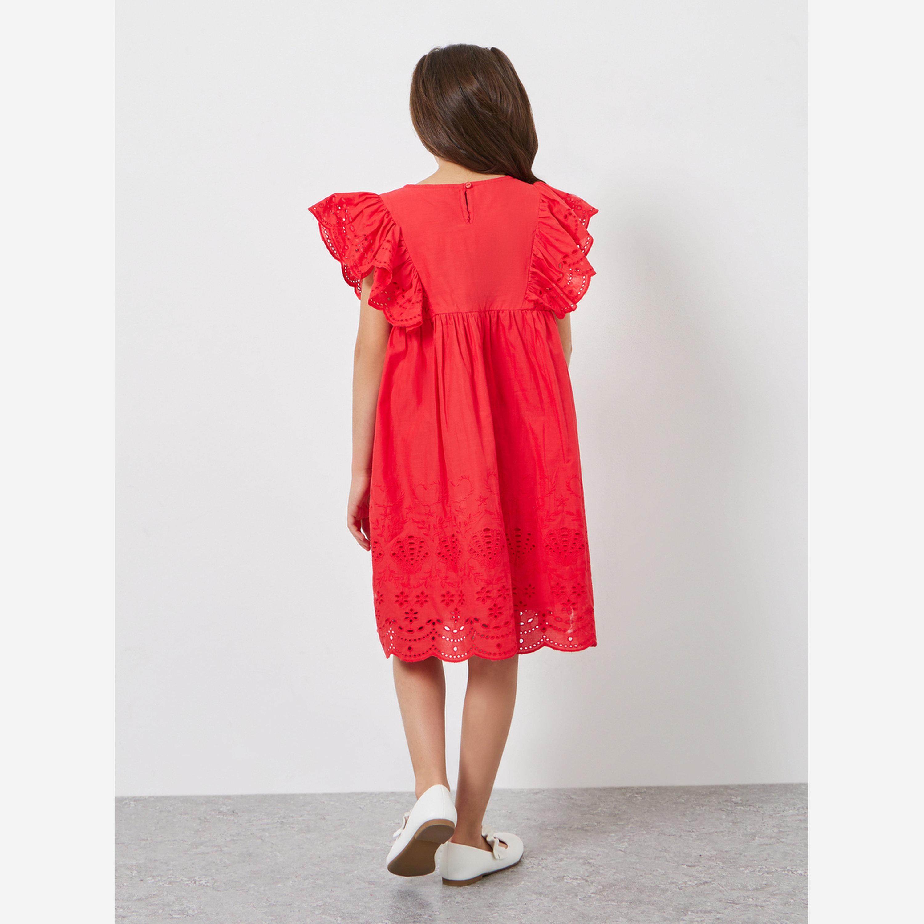 ستايلي - فستان قصير لون أحمر تصميم A للبنات-girls-clothing-dressesandjumpsuits-image-3
