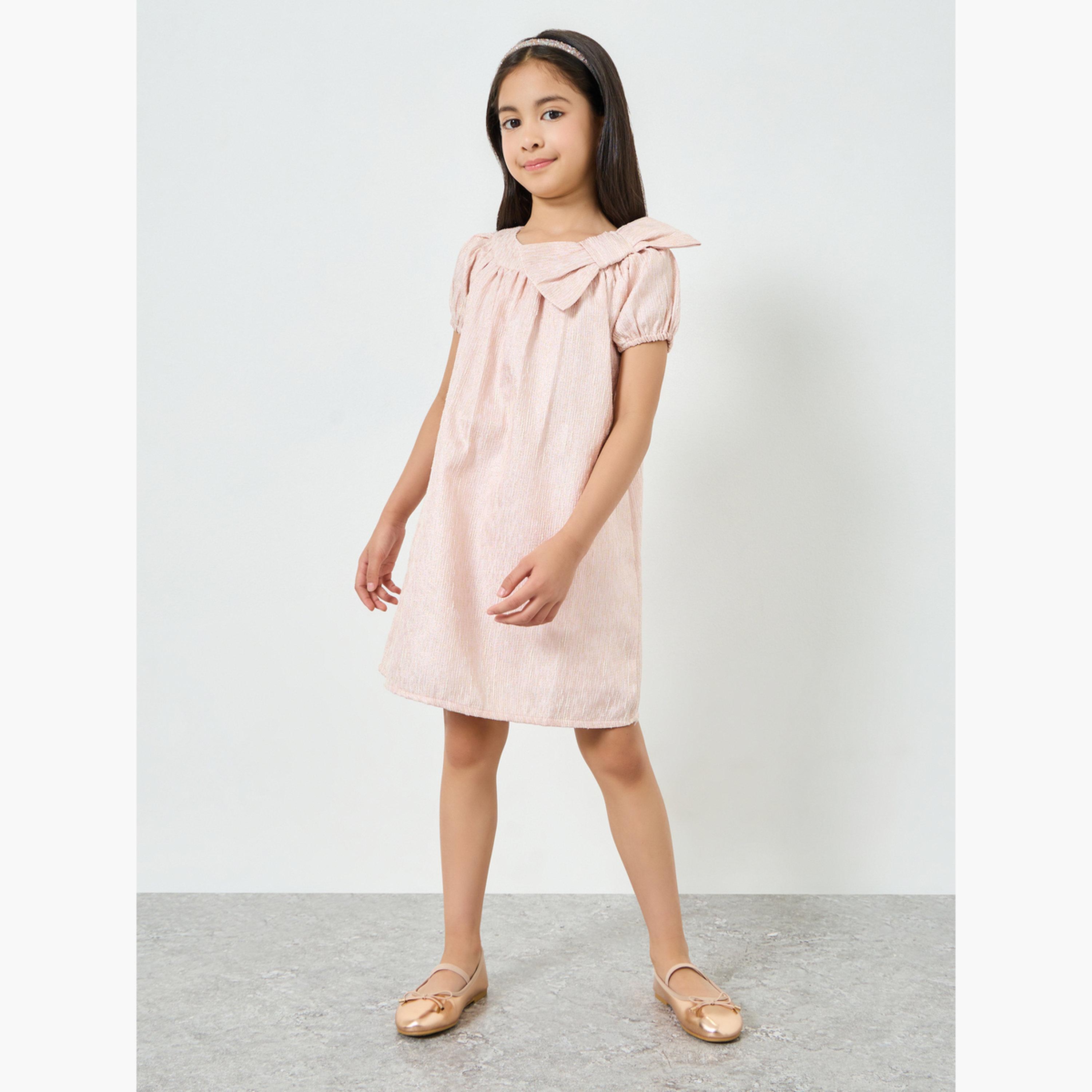 Styli Girls Pink A-Line Dress with Bow Detail-girls-clothing-dressesandjumpsuits-image-2