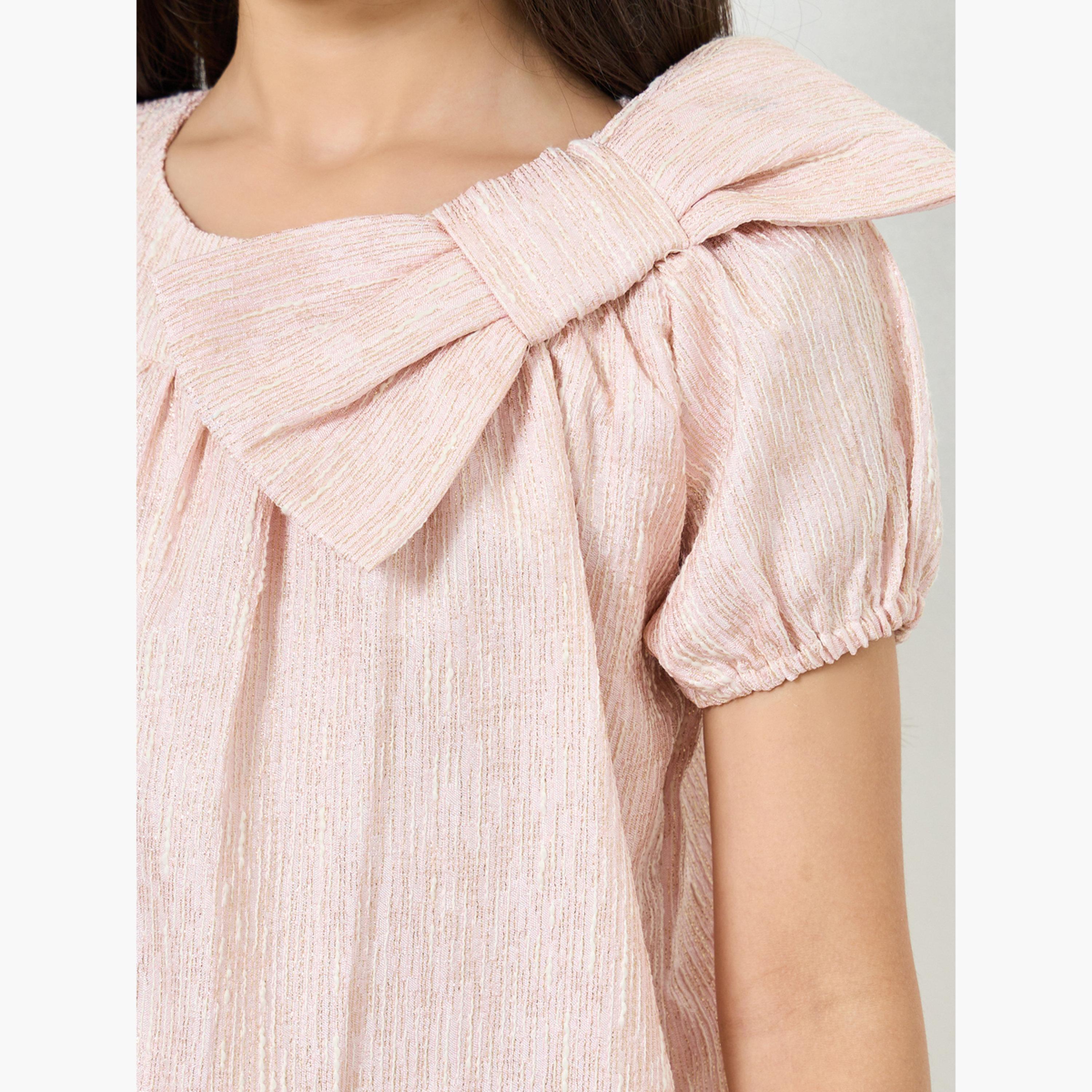 Styli Girls Pink A-Line Dress with Bow Detail-girls-clothing-dressesandjumpsuits-image-4