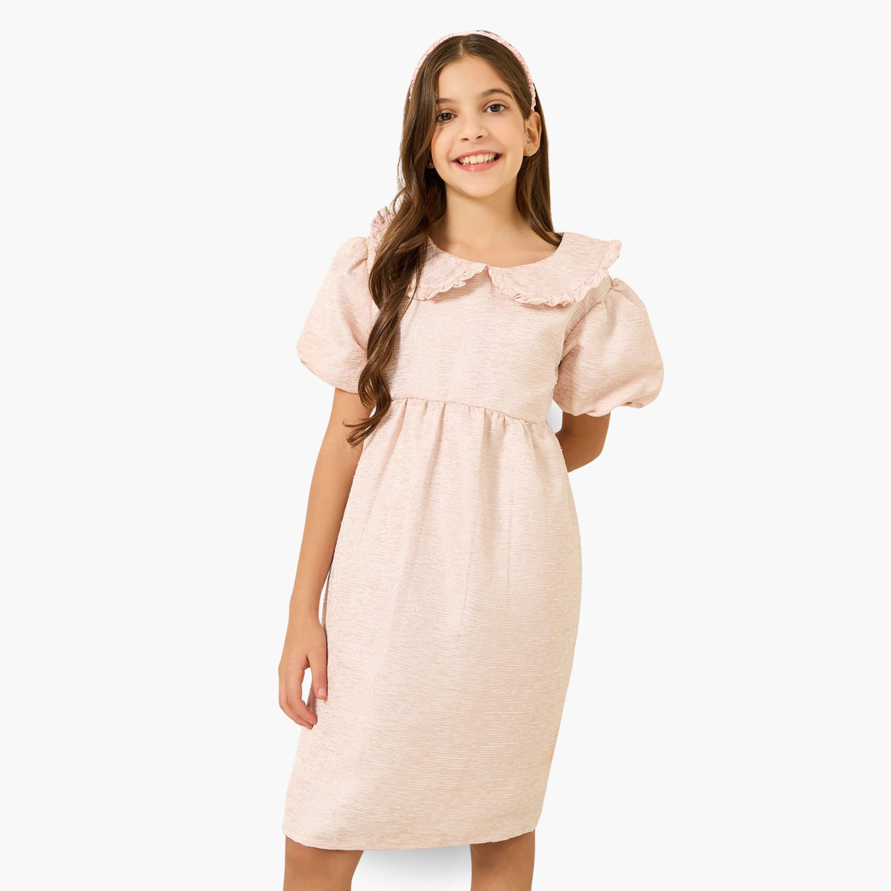 فستان جاكار بياقة بيتر بان-girls-clothing-dressesandjumpsuits-image-1