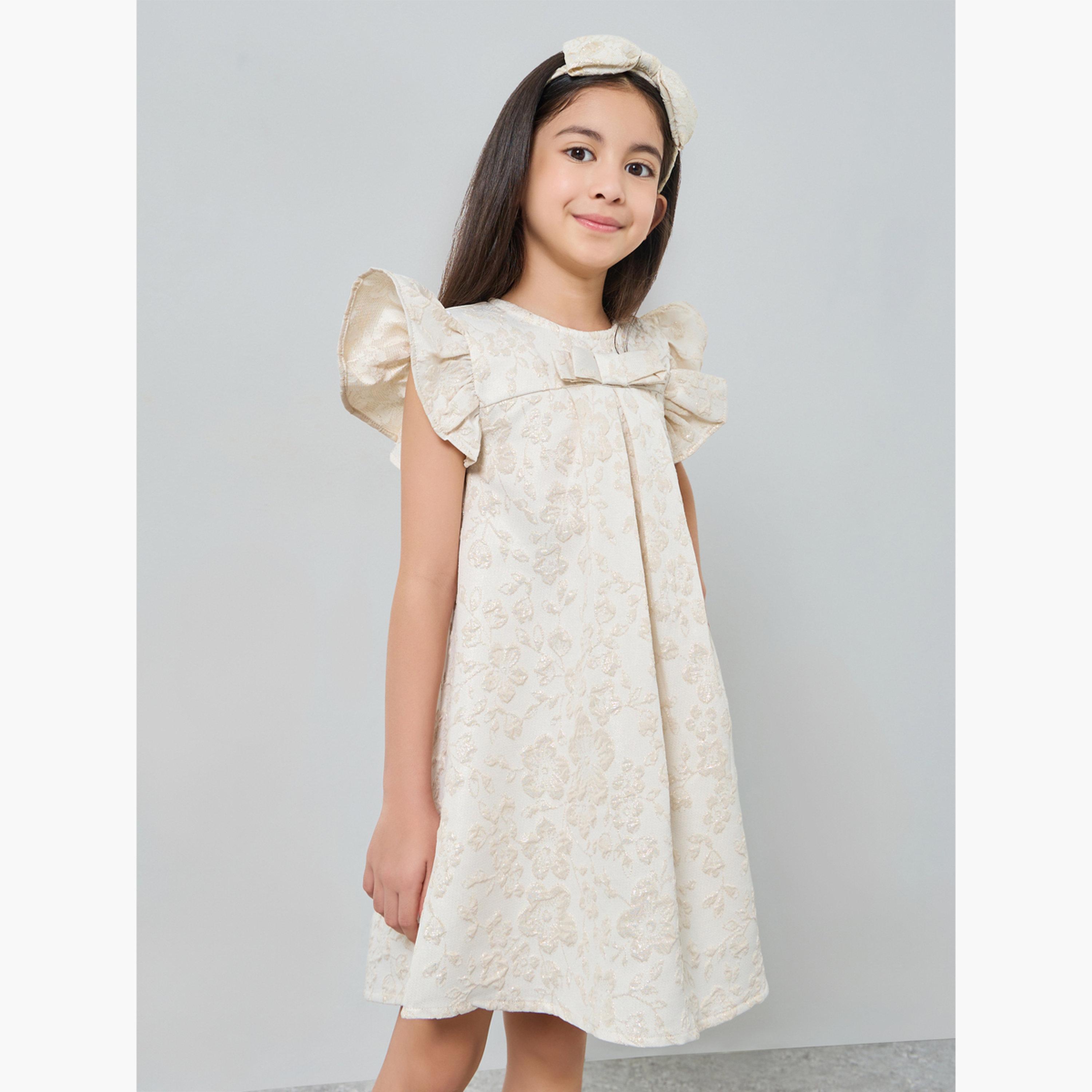 Styli Girls Gold Floral Jacquard Ruffles Detail Dress-girls-clothing-dressesandjumpsuits-image-1
