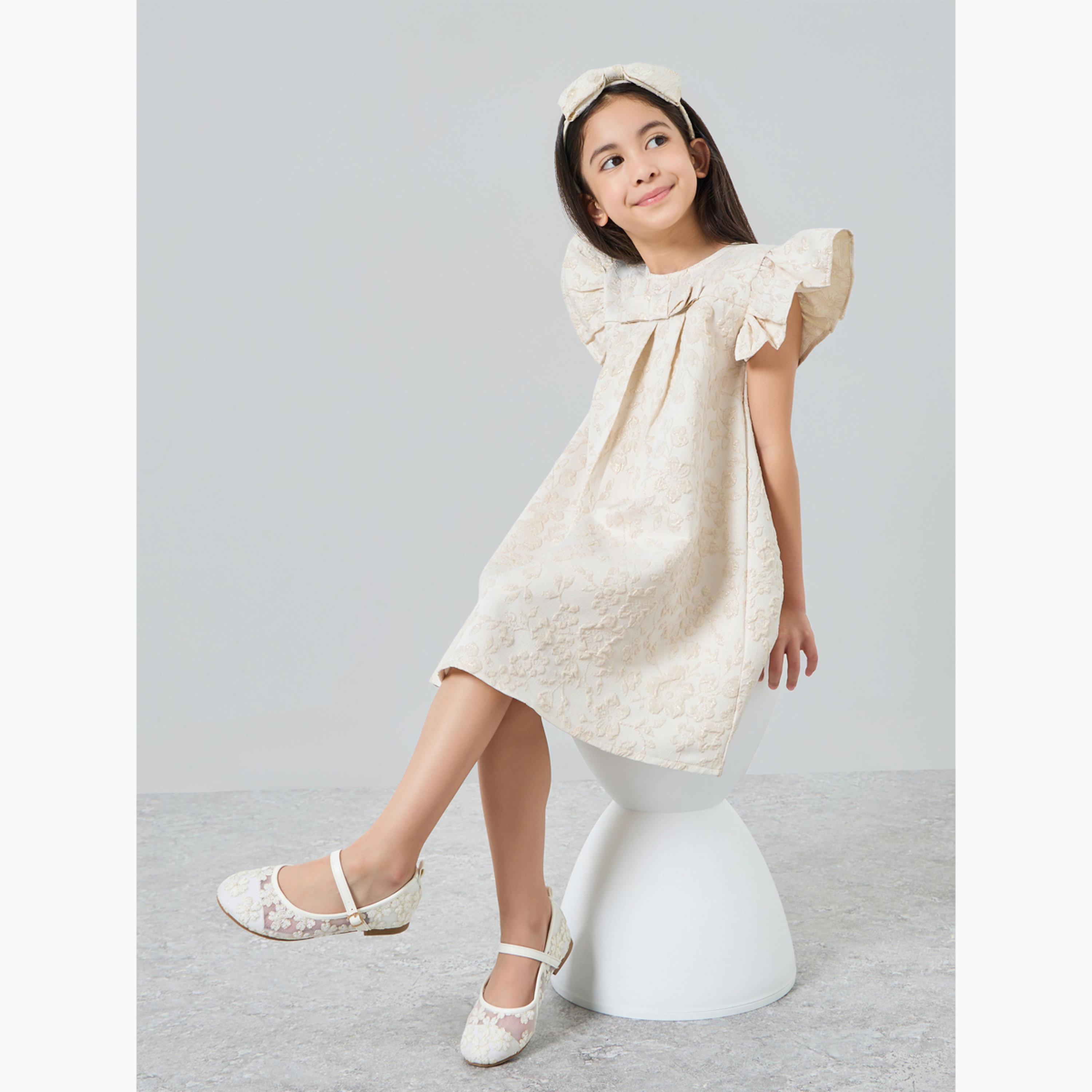 Styli Girls Gold Floral Jacquard Ruffles Detail Dress-girls-clothing-dressesandjumpsuits-image-2