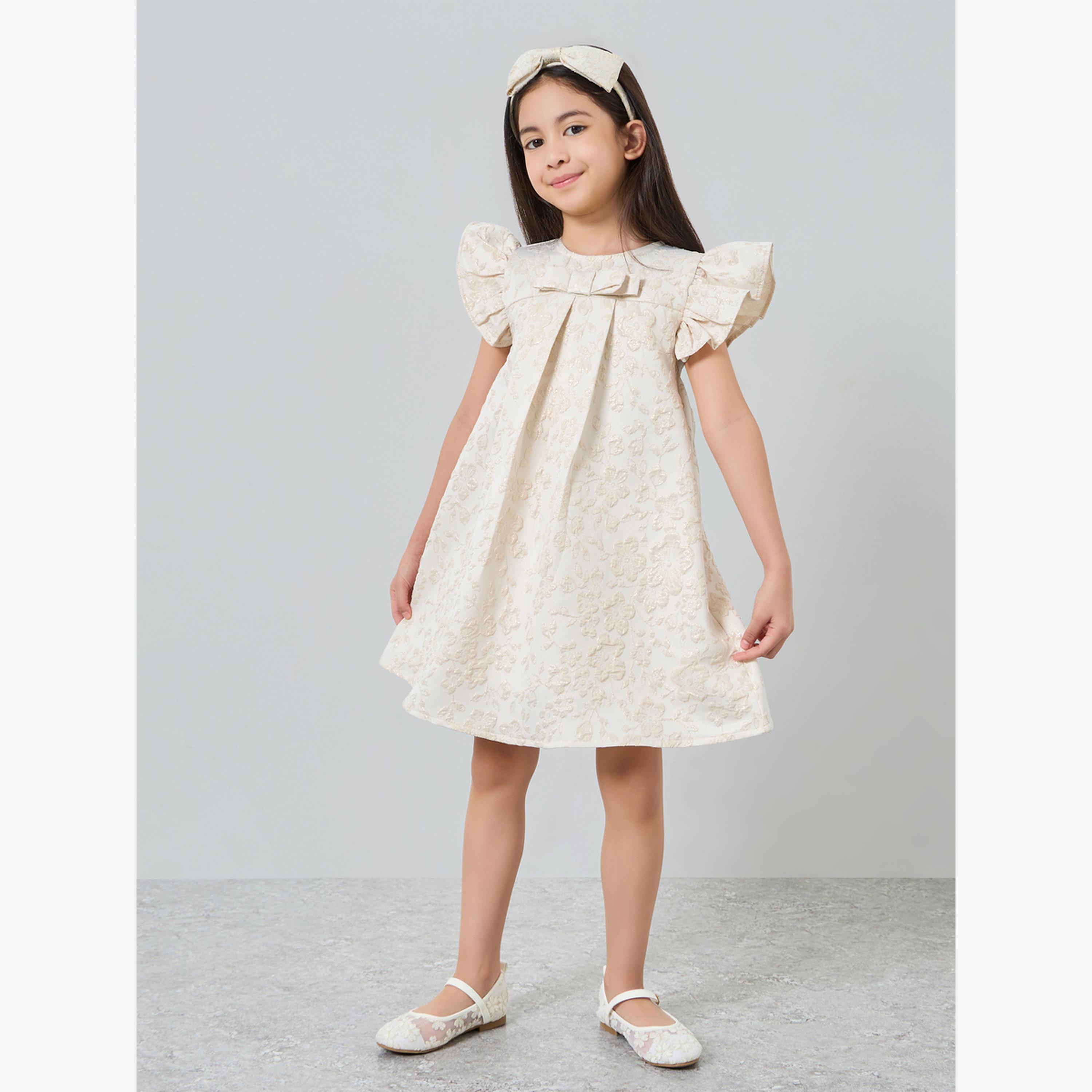 Styli Girls Gold Floral Jacquard Ruffles Detail Dress-girls-clothing-dressesandjumpsuits-image-3