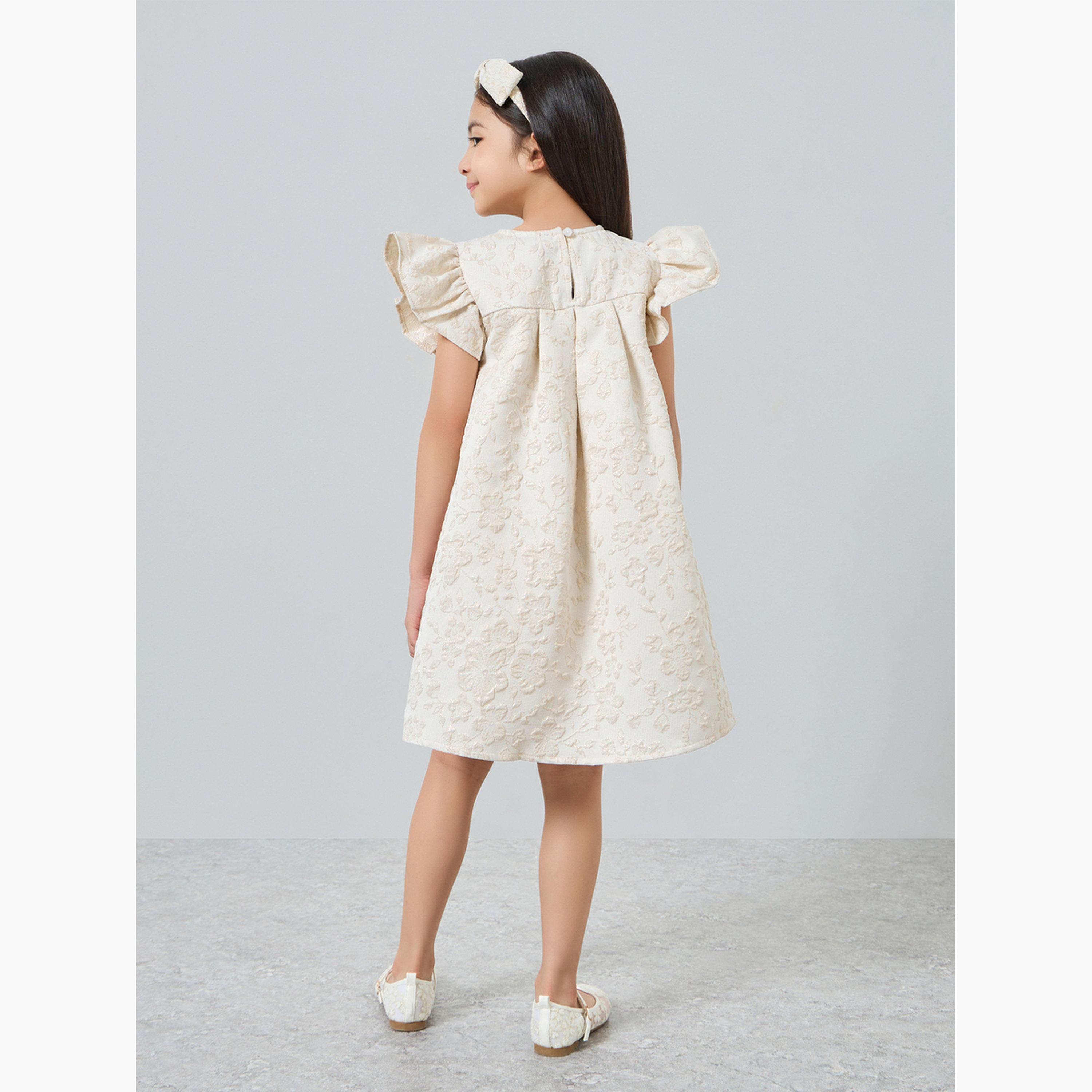Styli Girls Gold Floral Jacquard Ruffles Detail Dress-girls-clothing-dressesandjumpsuits-image-4