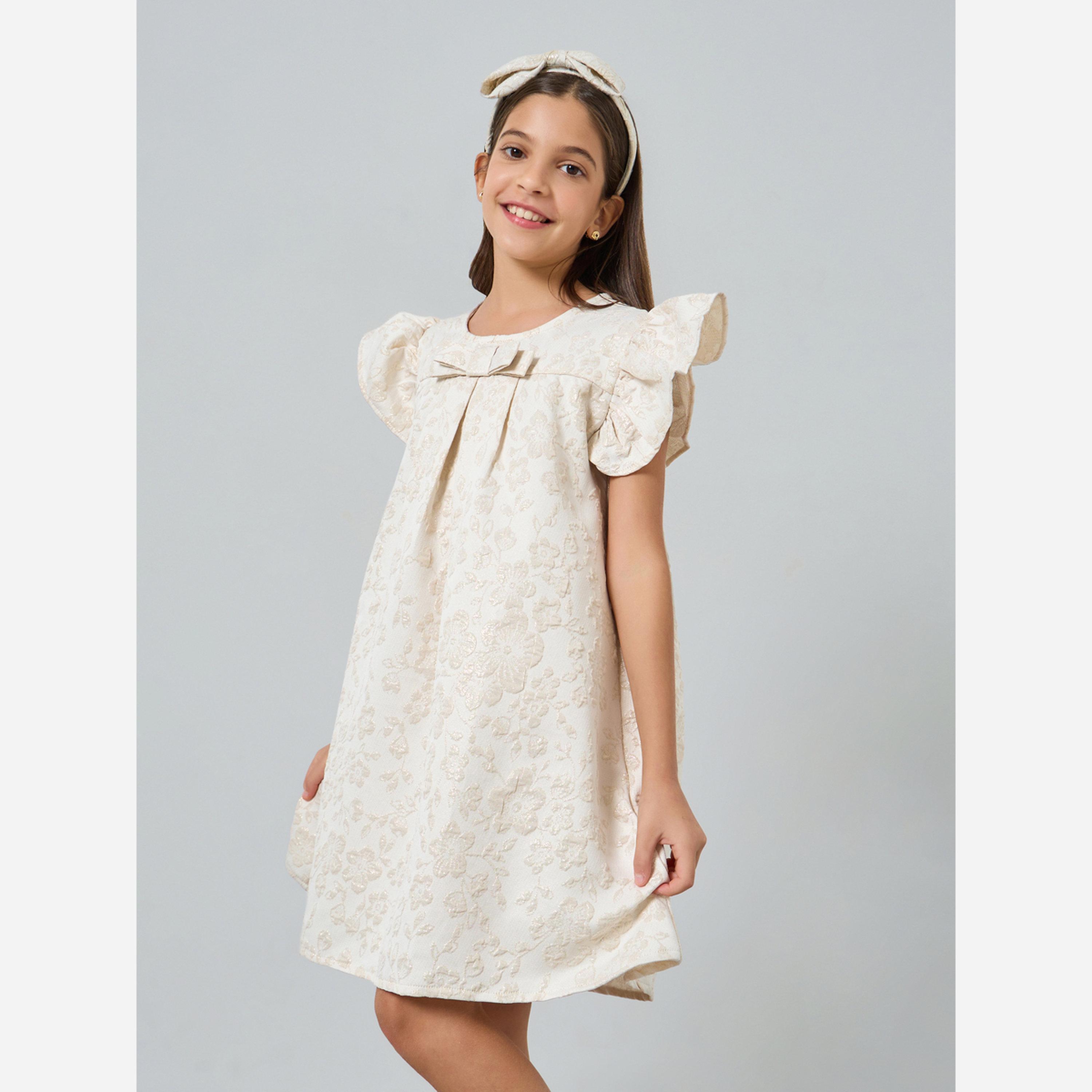 Styli Teens Ruffled Sleeve Jacquard Dress-girls-clothing-dressesandjumpsuits-image-1