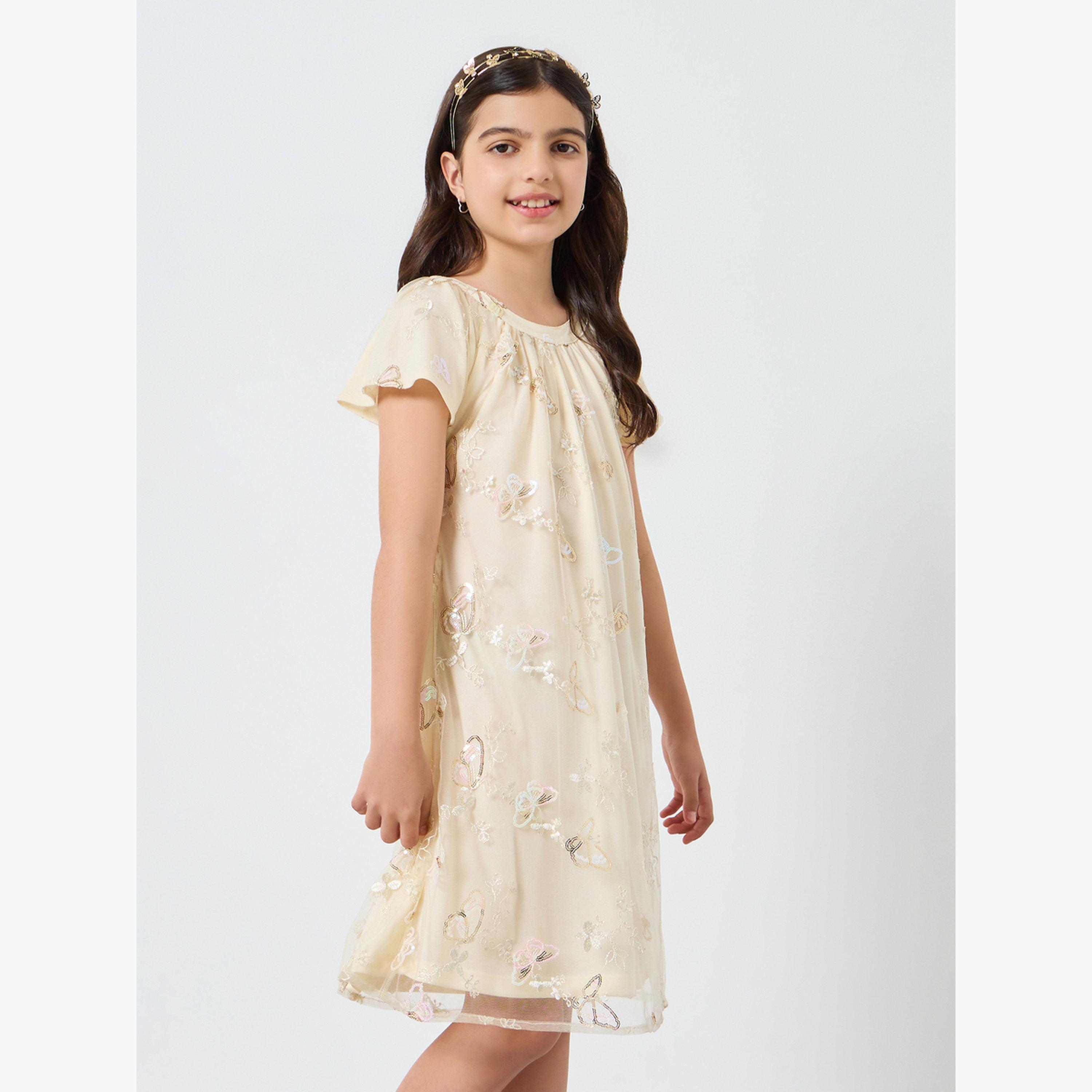 Styli Girls Off-White Sequined Butterfly Dress-girls-clothing-dressesandjumpsuits-image-2