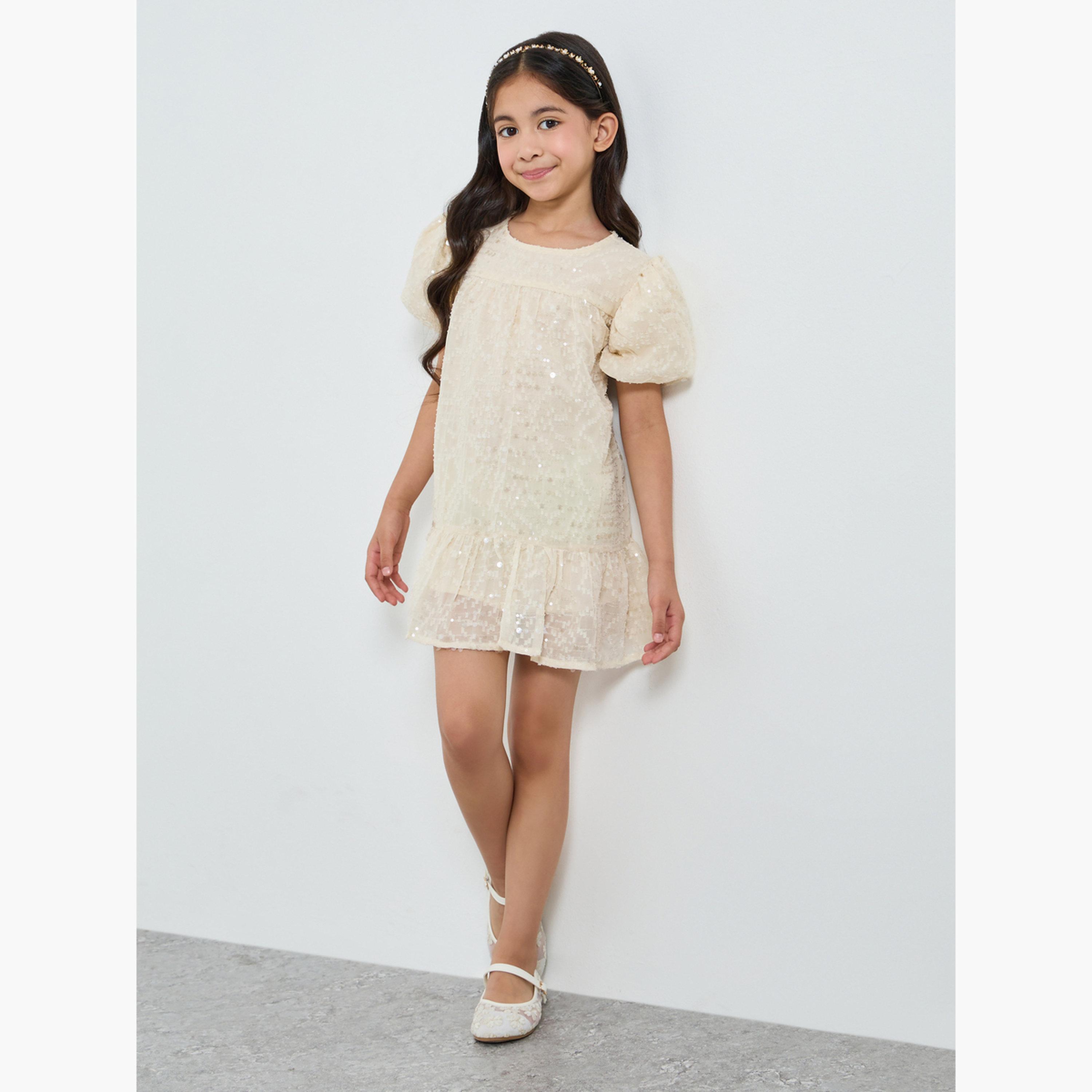 Styli Girls Off-White Sequin A-Line Mini Dress-girls-clothing-dressesandjumpsuits-image-2