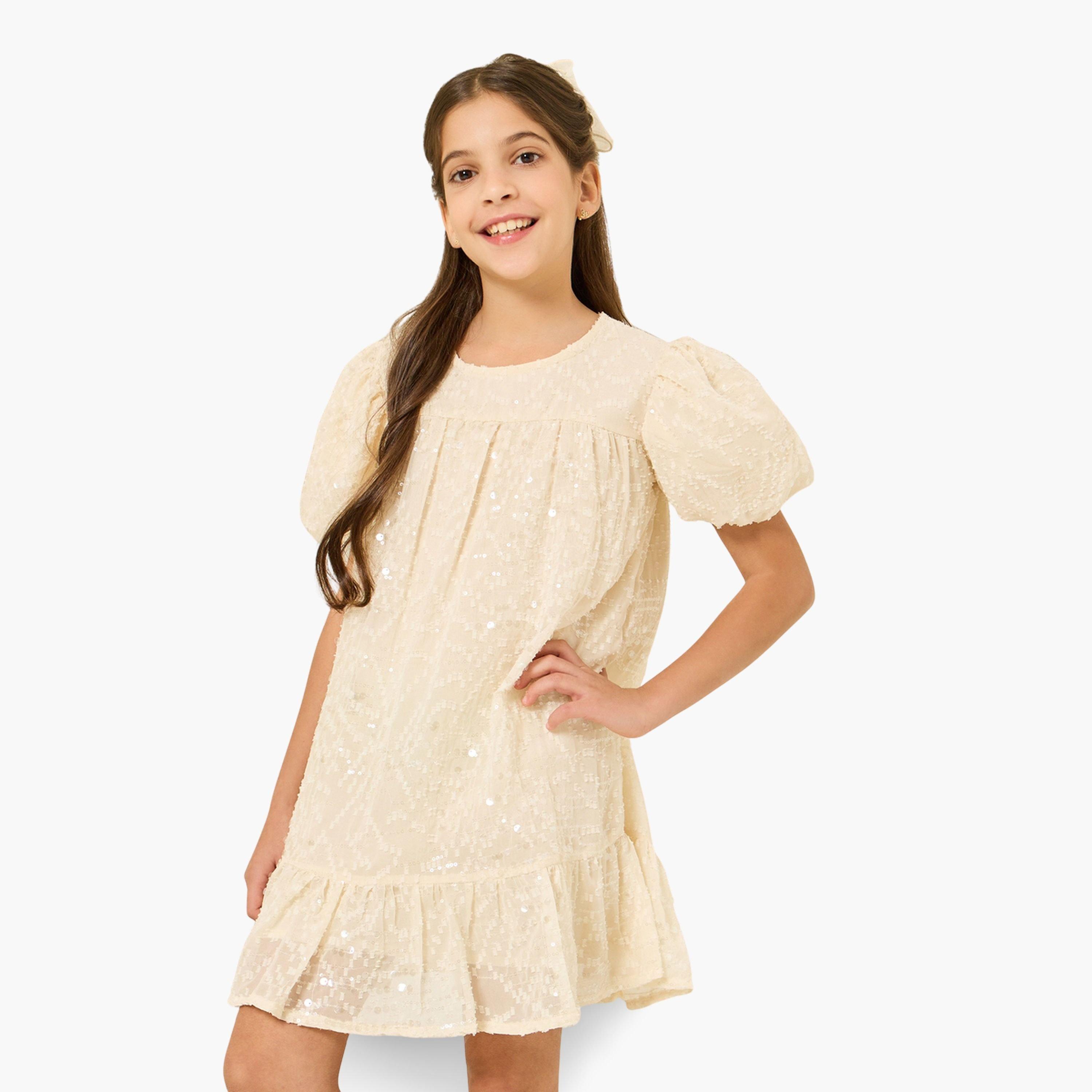 Styli Teen Girls Sequined Dress with Puff Sleeve-girls-clothing-dressesandjumpsuits-image-1