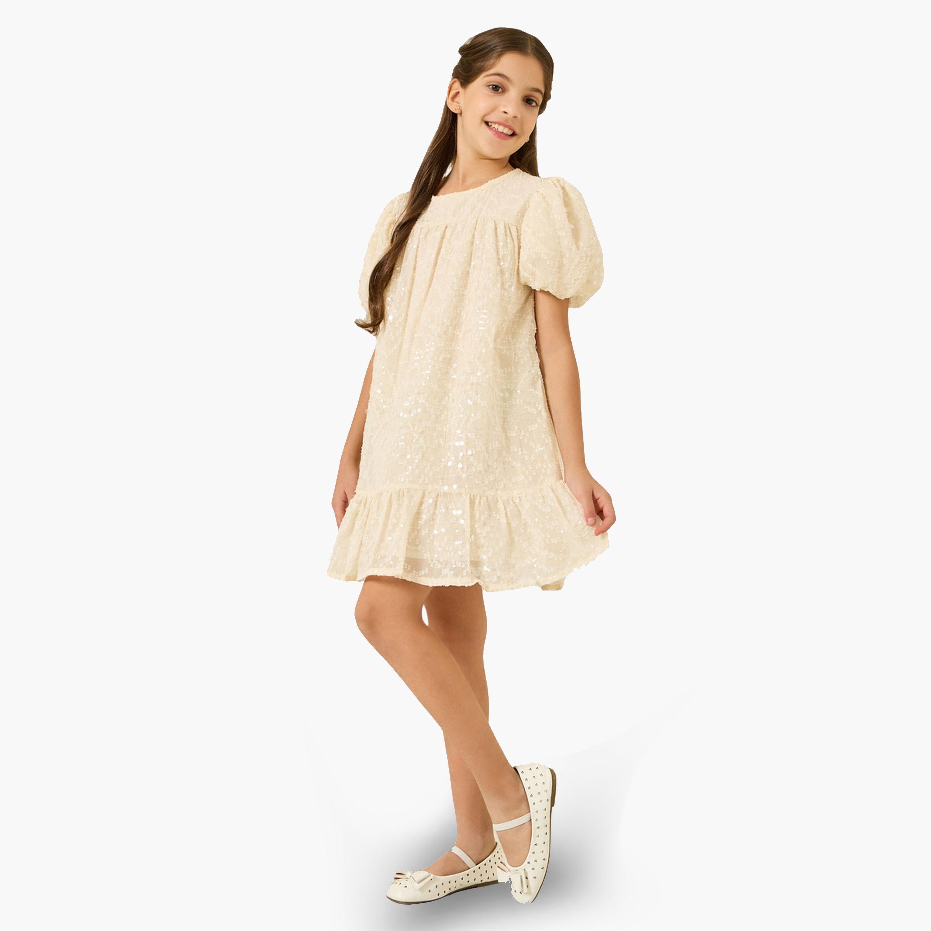 Styli Teen Girls Sequined Dress with Puff Sleeve-girls-clothing-dressesandjumpsuits-image-2