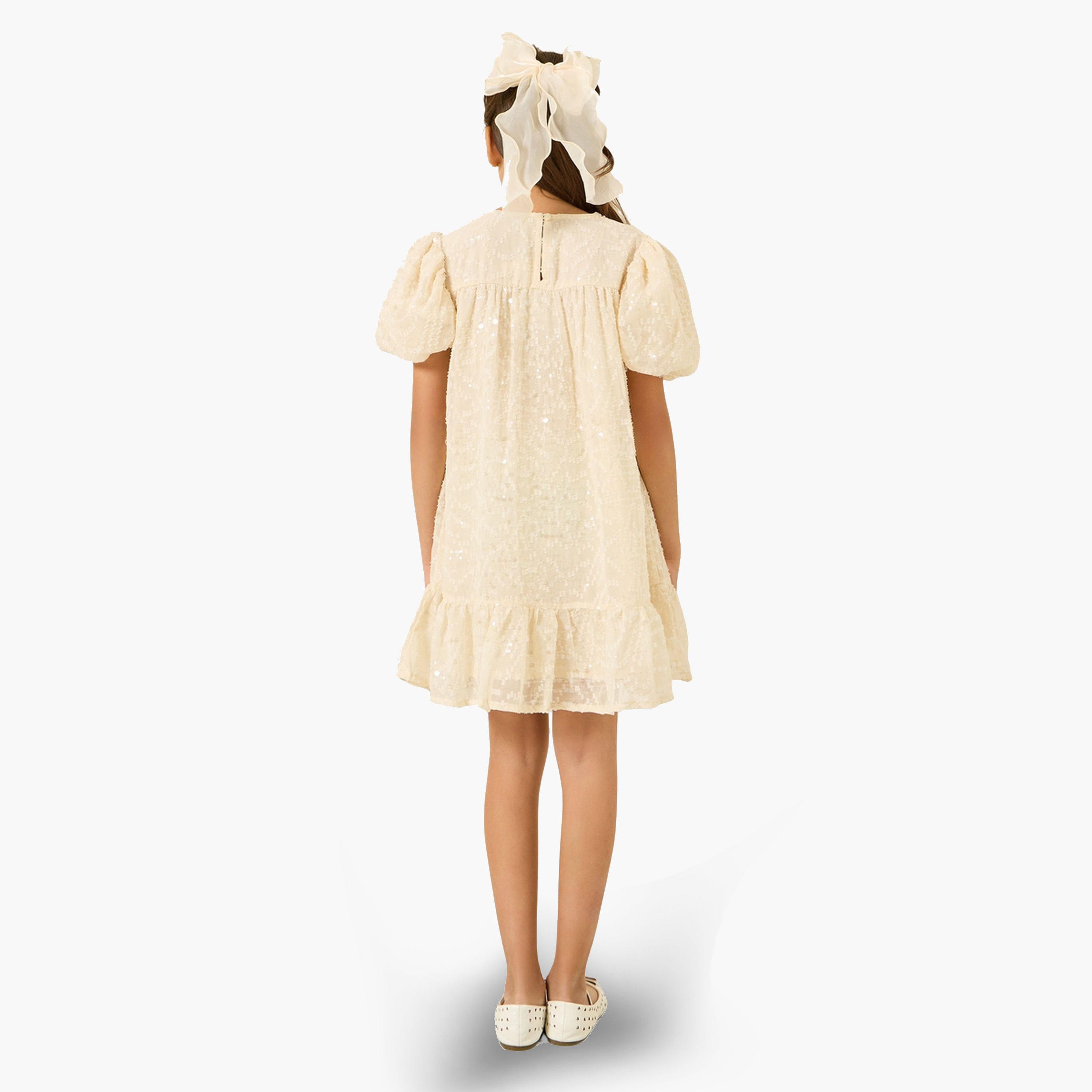 Styli Teen Girls Sequined Dress with Puff Sleeve-girls-clothing-dressesandjumpsuits-image-4