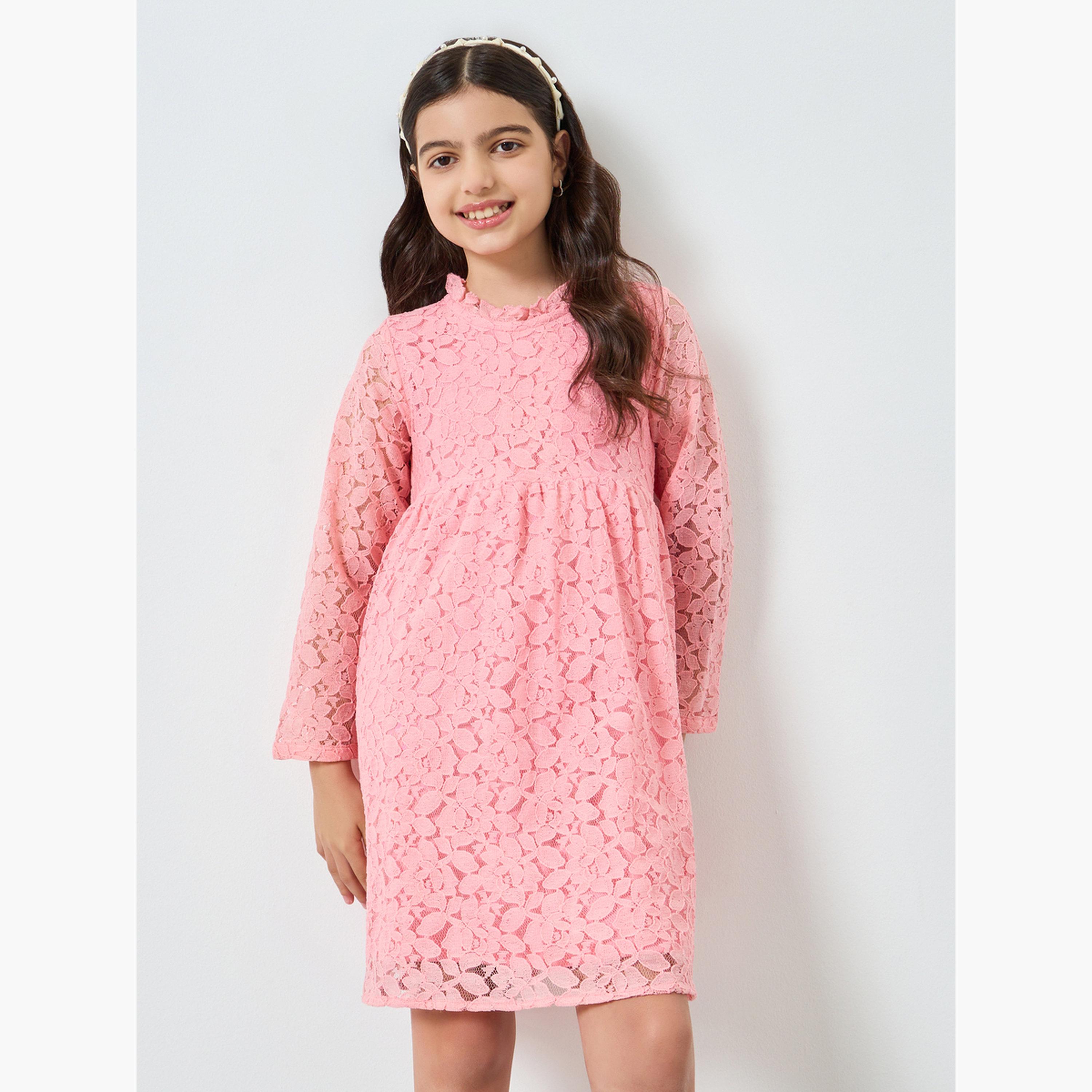 Styli Girls Pink Lace Long Sleeve Dress-girls-clothing-dressesandjumpsuits-image-1