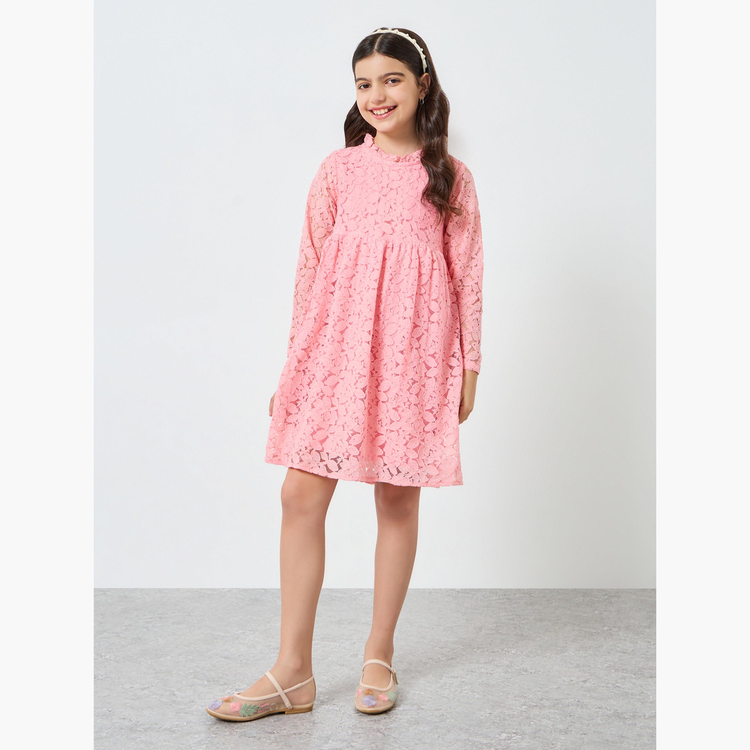 Styli Girls Pink Lace Long Sleeve Dress-girls-clothing-dressesandjumpsuits-image-2