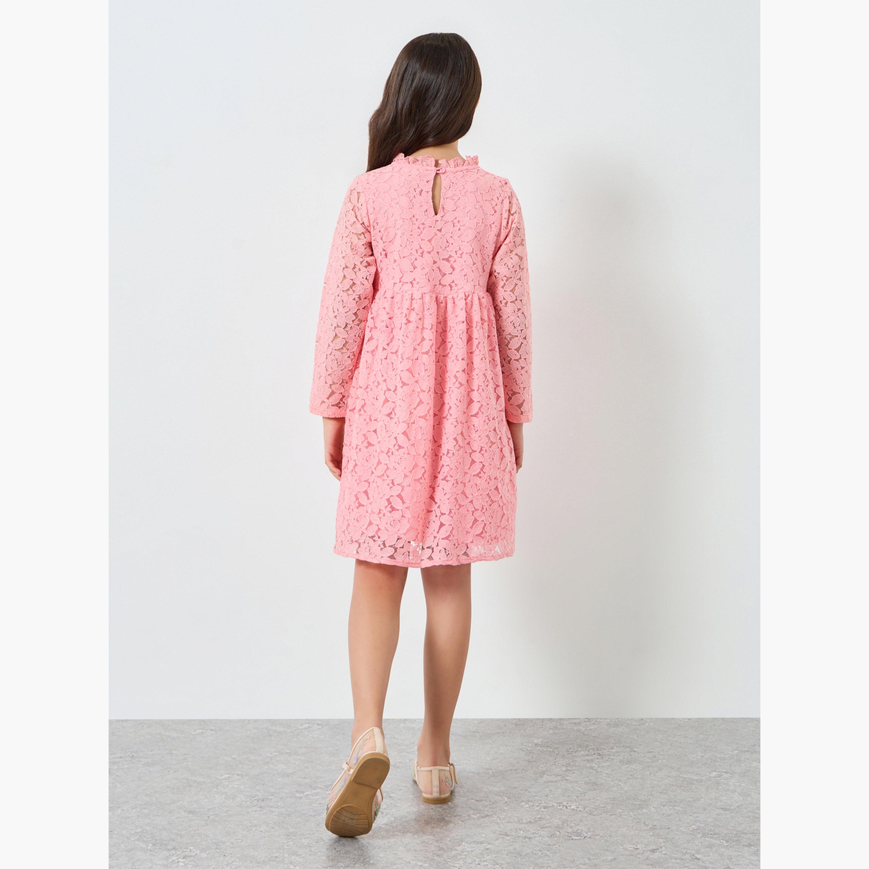 Styli Girls Pink Lace Long Sleeve Dress-girls-clothing-dressesandjumpsuits-image-3