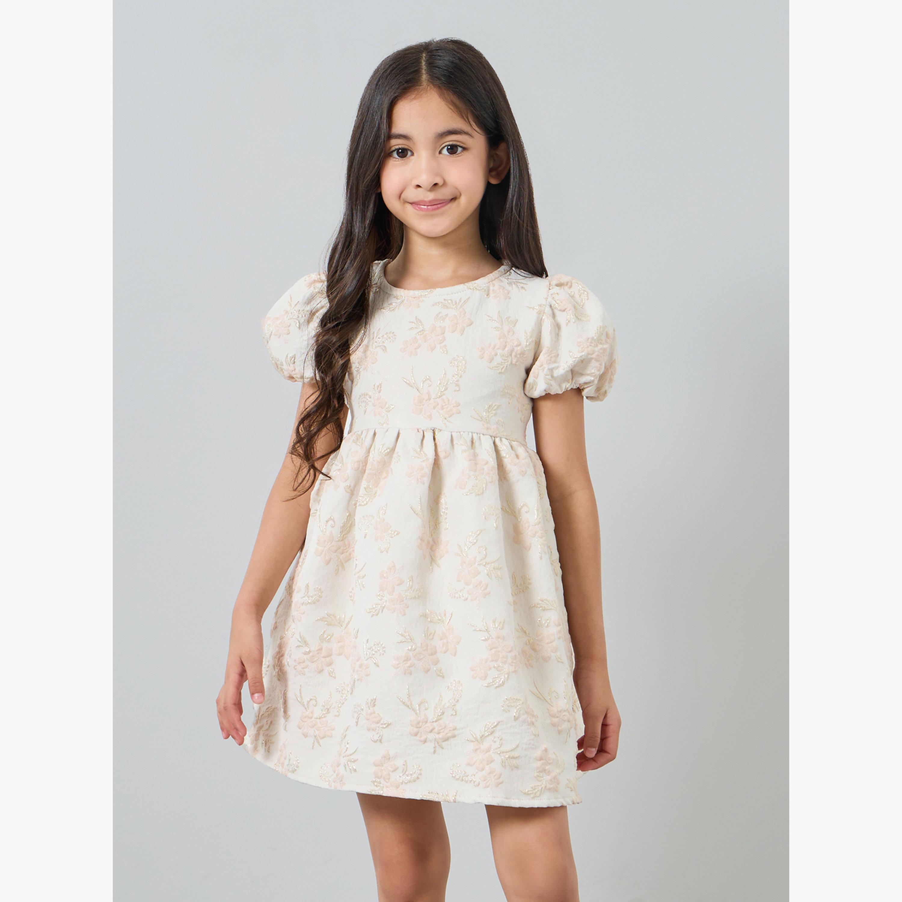 Styli Girls Gold Floral Jaquard Fit and Flare Party Dress-girls-clothing-dressesandjumpsuits-image-1