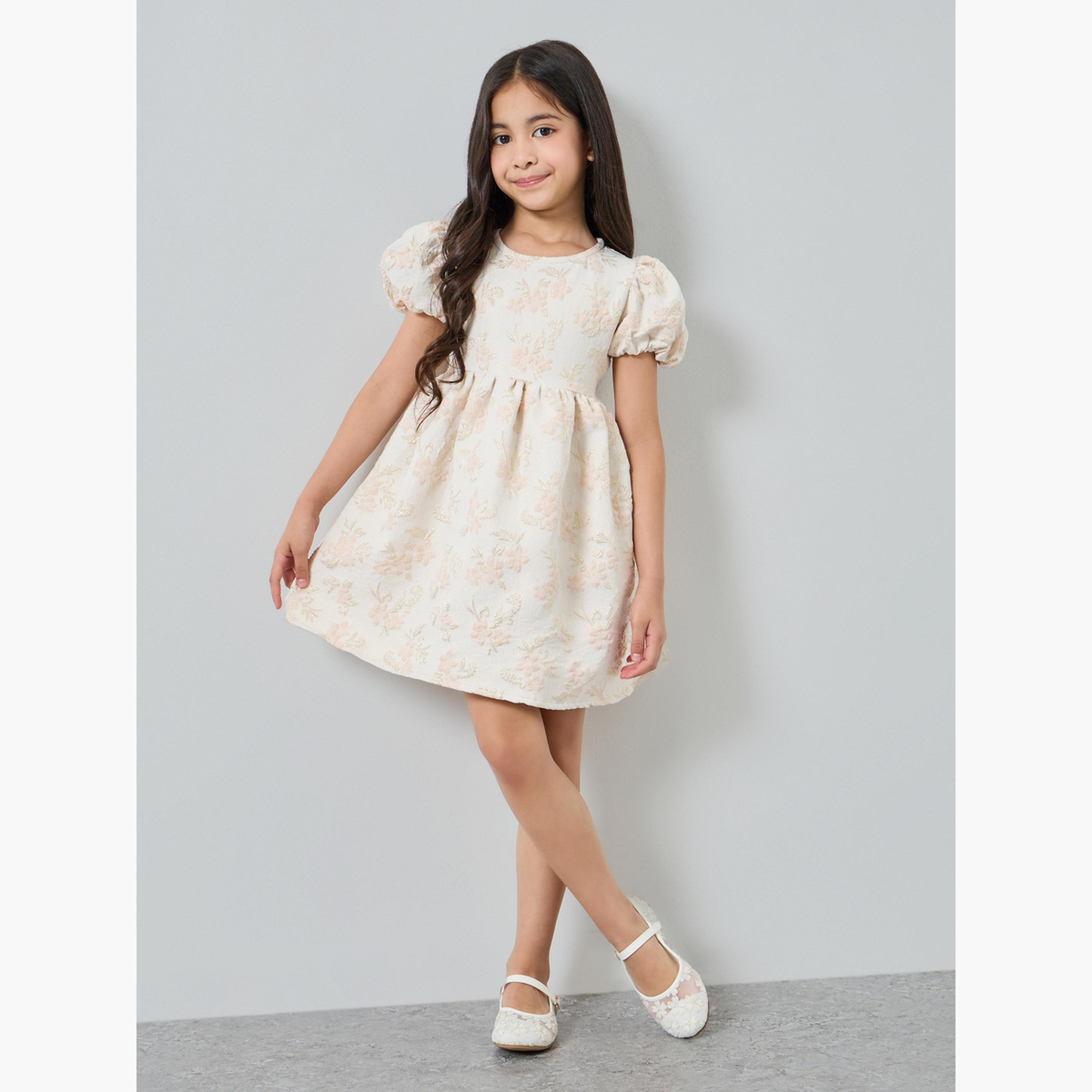 Styli Girls Gold Floral Jaquard Fit and Flare Party Dress-girls-clothing-dressesandjumpsuits-image-2