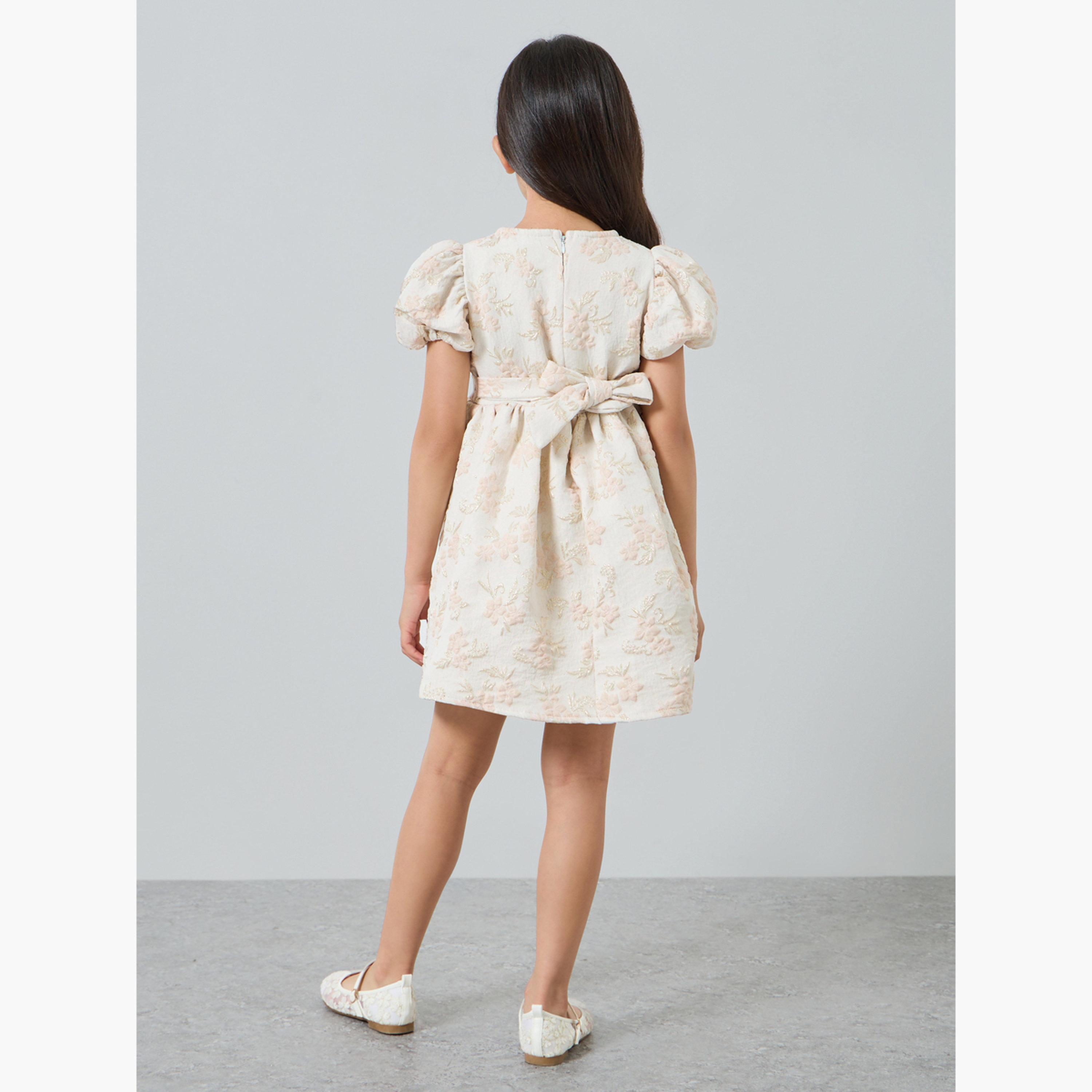 Styli Girls Gold Floral Jaquard Fit and Flare Party Dress-girls-clothing-dressesandjumpsuits-image-4