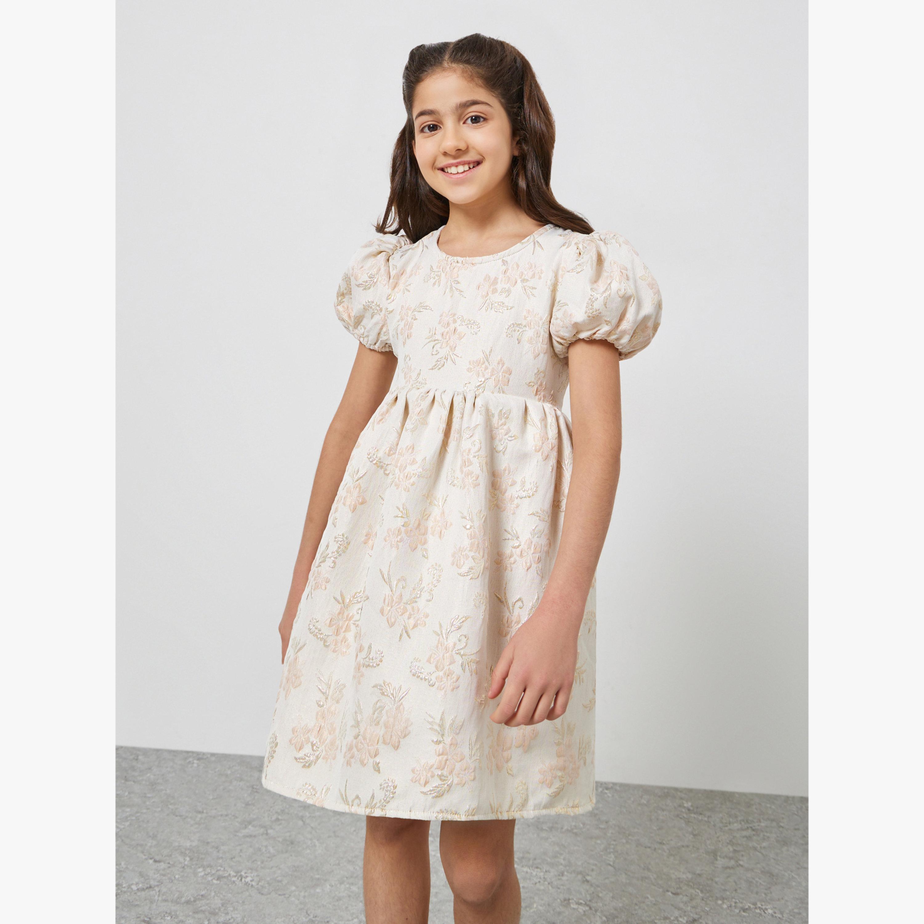 فستان بقصة واسعة من الجاكار وطبعة زهور-girls-clothing-dressesandjumpsuits-image-1