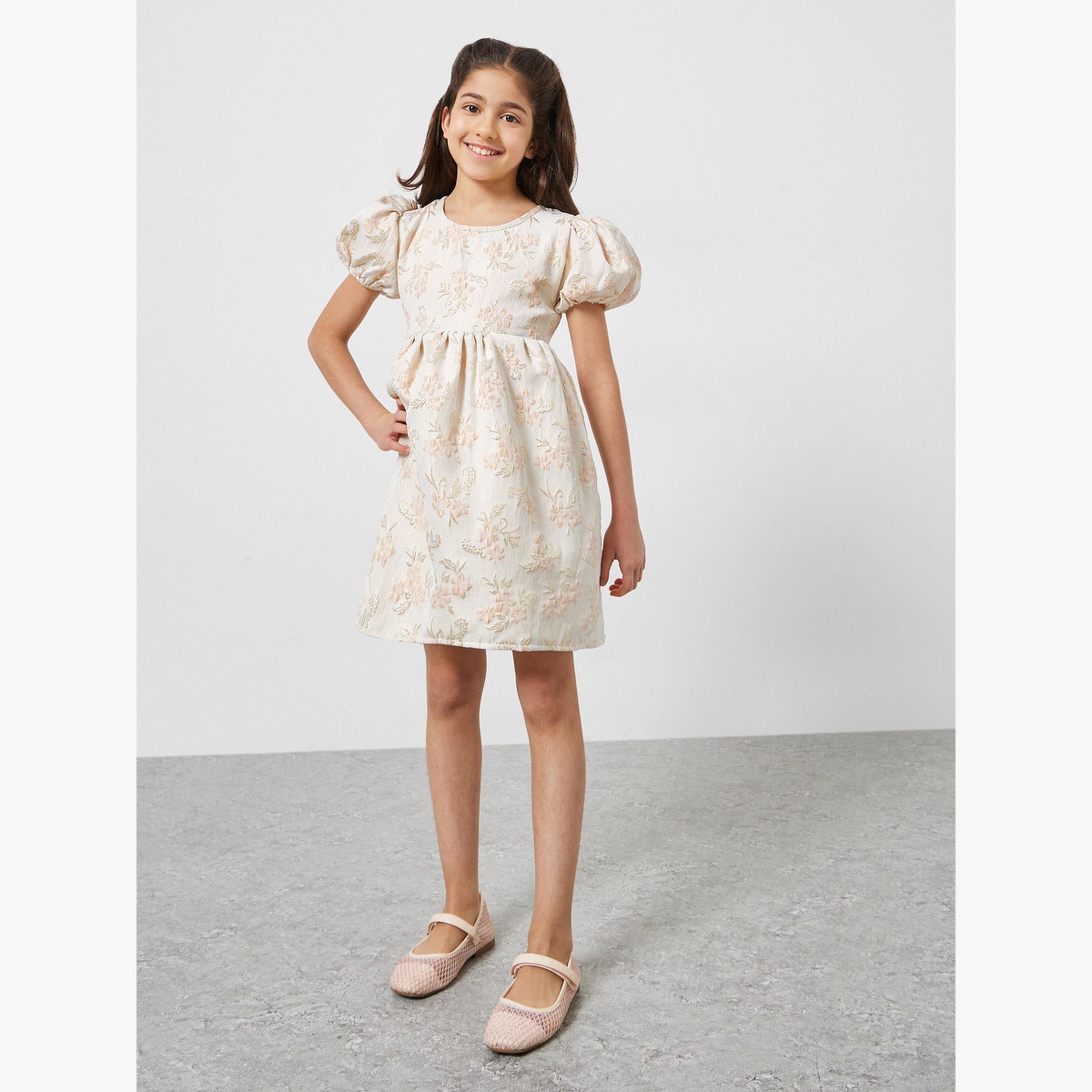 فستان بقصة واسعة من الجاكار وطبعة زهور-girls-clothing-dressesandjumpsuits-image-2