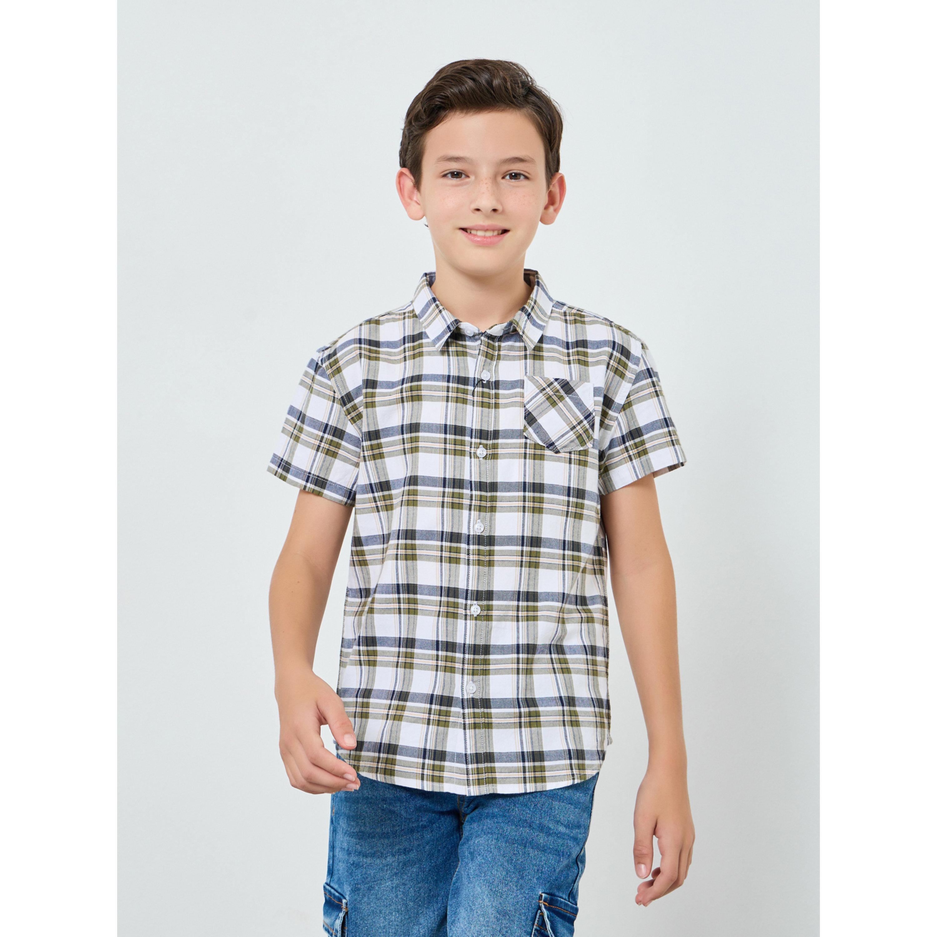 Styli Boys Green Checked Short Sleeve Shirt-boys-clothing-shirts-image-1