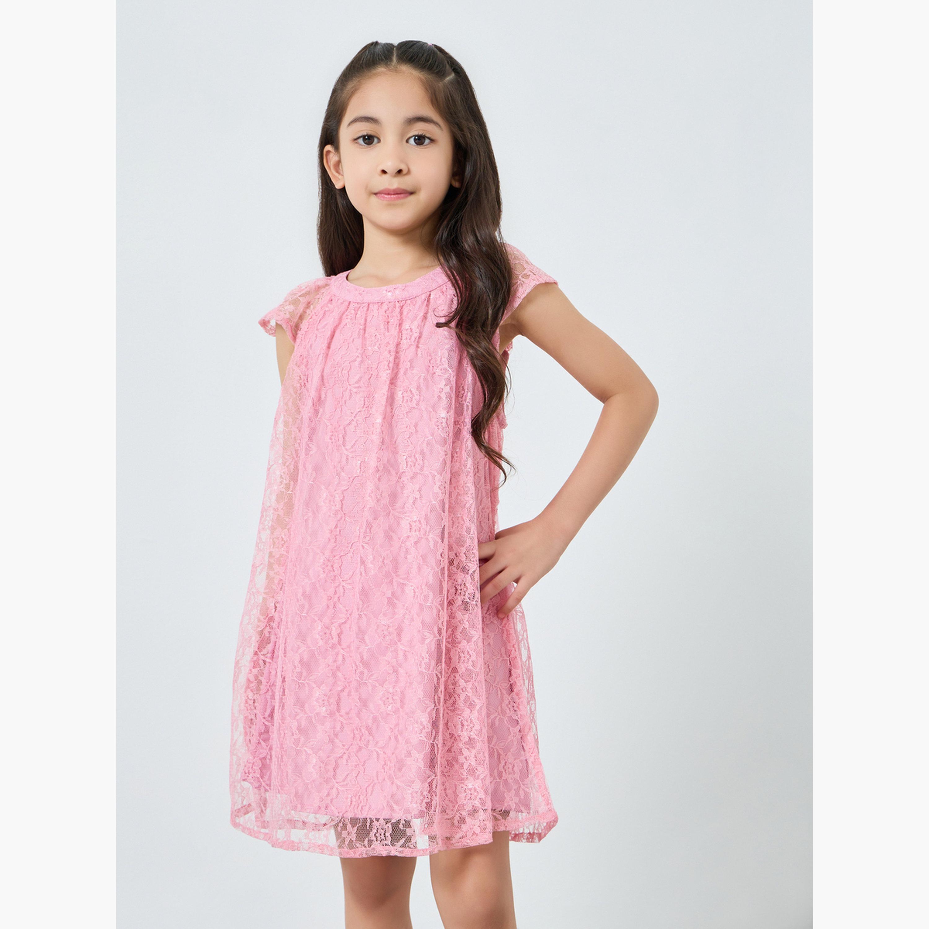 Styli Girls Light Pink Lace A-Line Dress-girls-clothing-dressesandjumpsuits-image-1