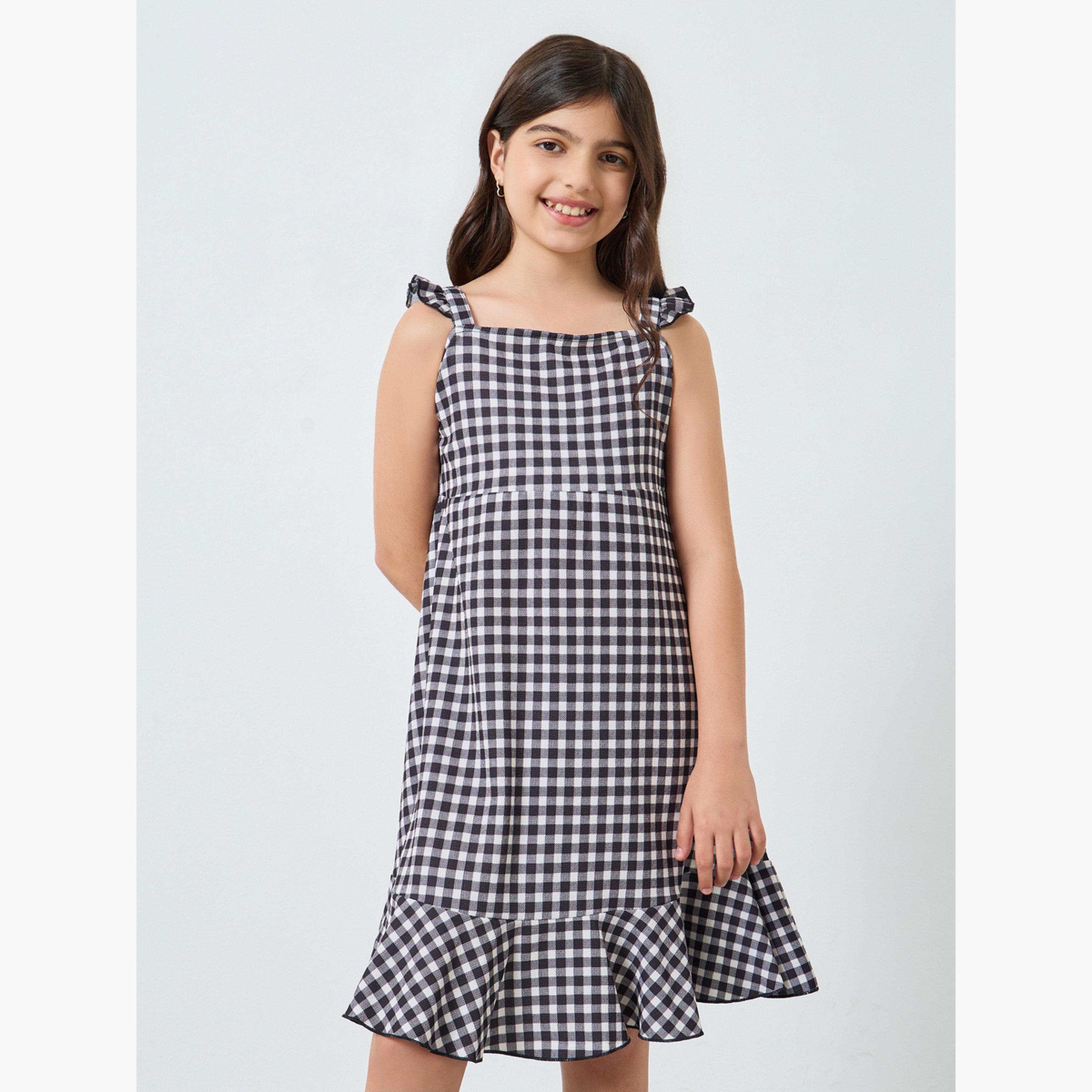 فستان بحمالات كتف وطبعة جينغام مع كشكش-girls-clothing-dressesandjumpsuits-image-1