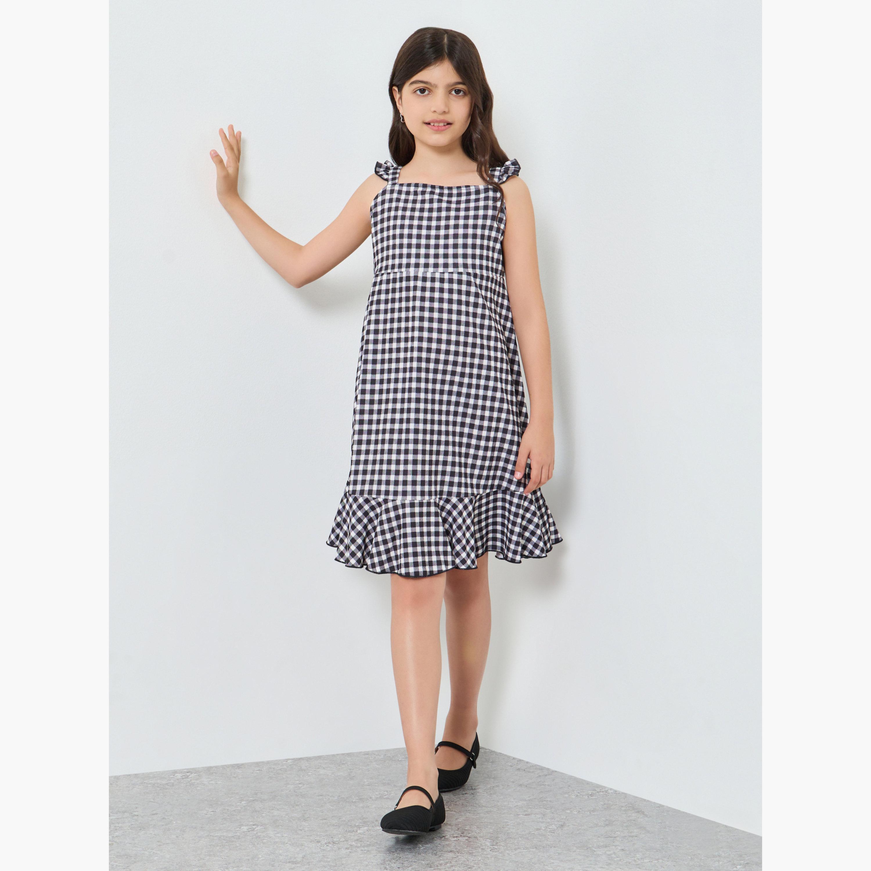 فستان بحمالات كتف وطبعة جينغام مع كشكش-girls-clothing-dressesandjumpsuits-image-2