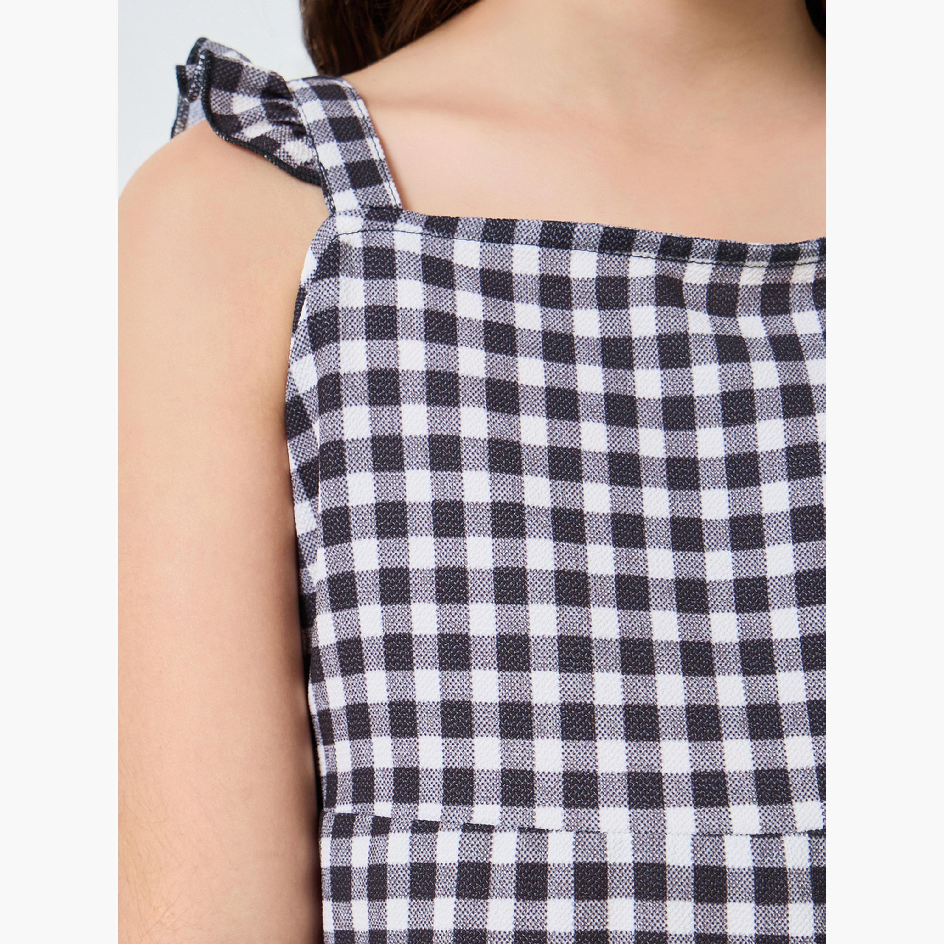 فستان بحمالات كتف وطبعة جينغام مع كشكش-girls-clothing-dressesandjumpsuits-image-5