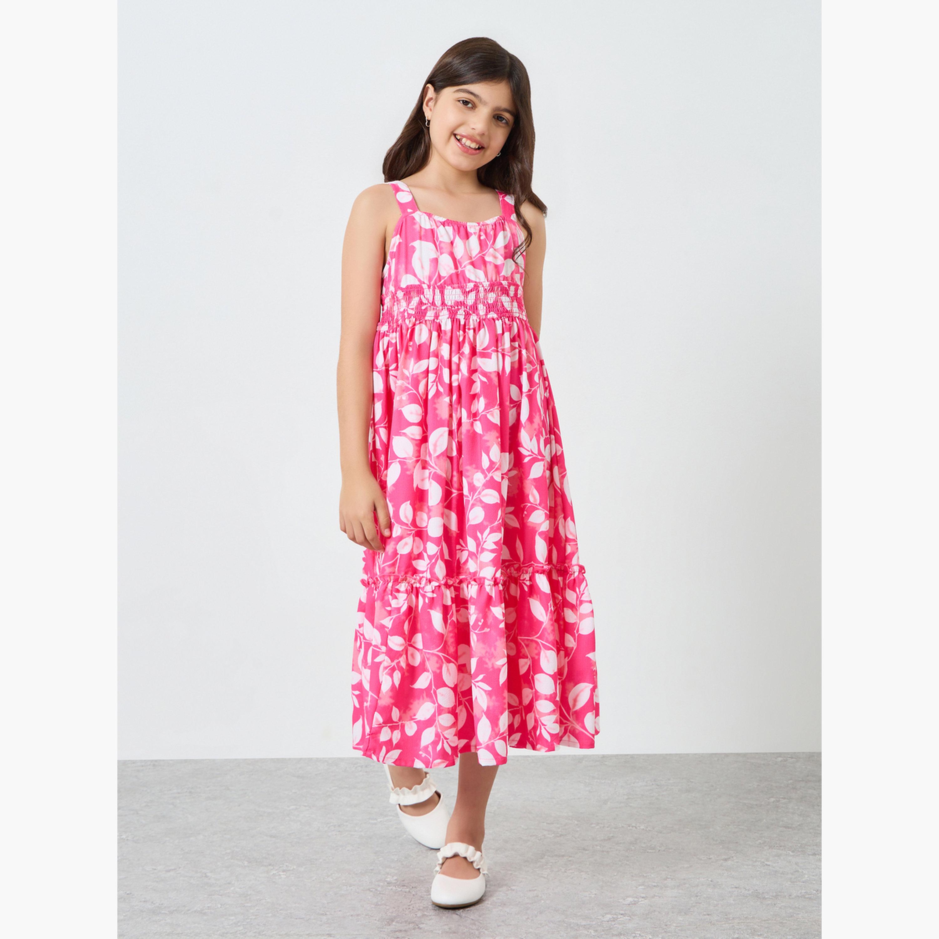 Styli Girls Pink Floral Print Strappy Dress-girls-clothing-dressesandjumpsuits-image-1