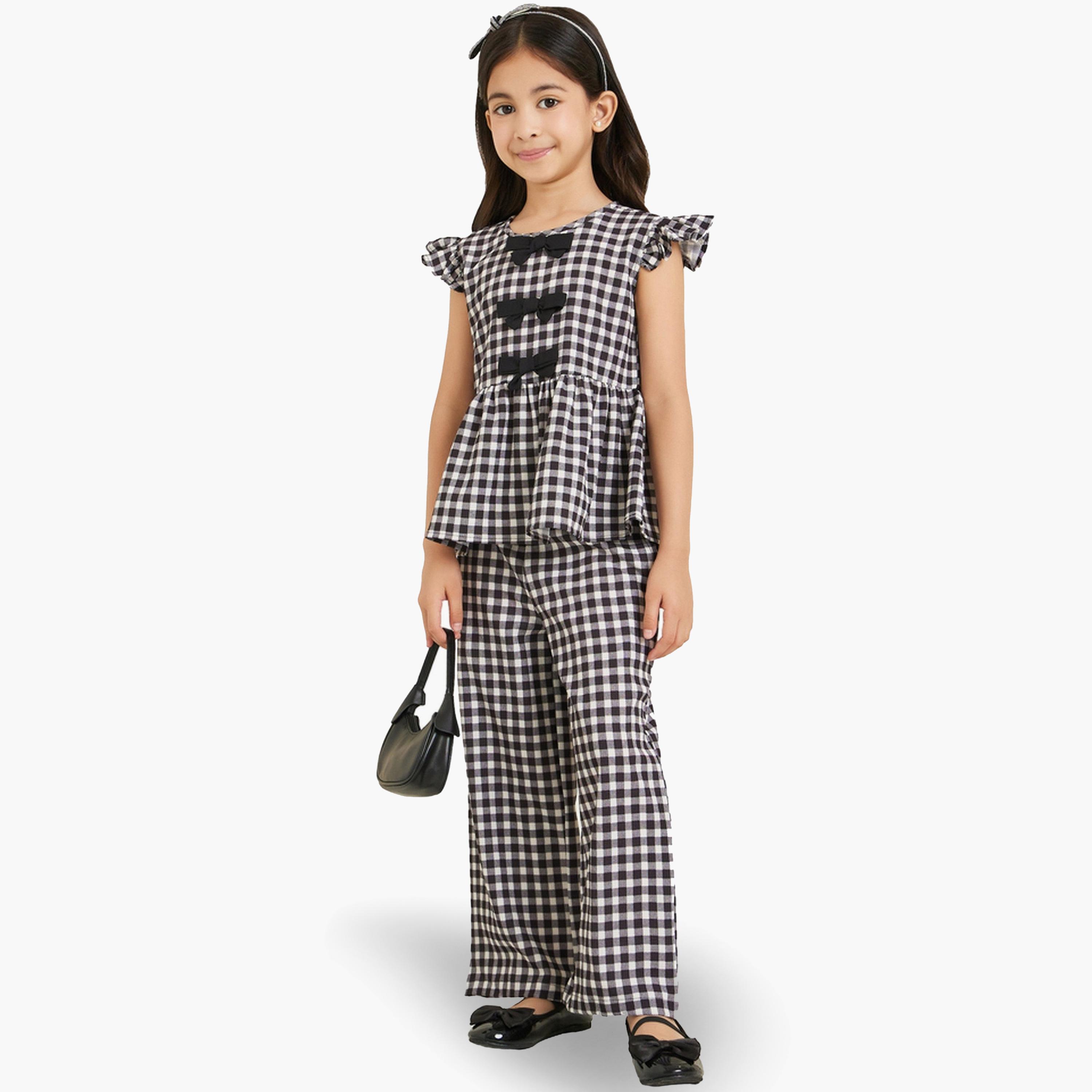 Styli Girls Black Gingham Bow Top and Trousers Set-girls-clothing-setsandcoords-image-1