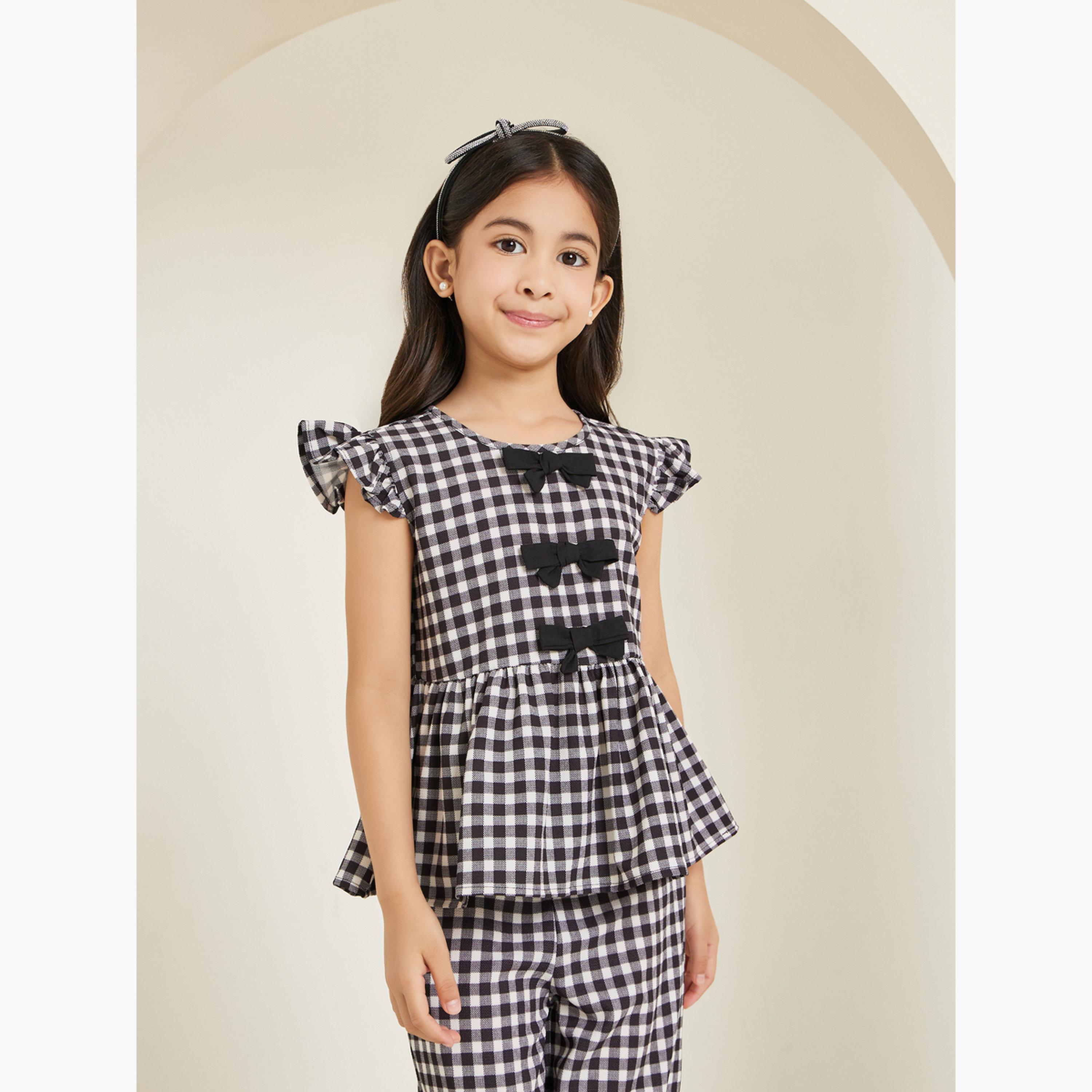 طقم بلوزة بفيونكة وبنطال بنمط مربعات-girls-clothing-setsandcoords-image-2