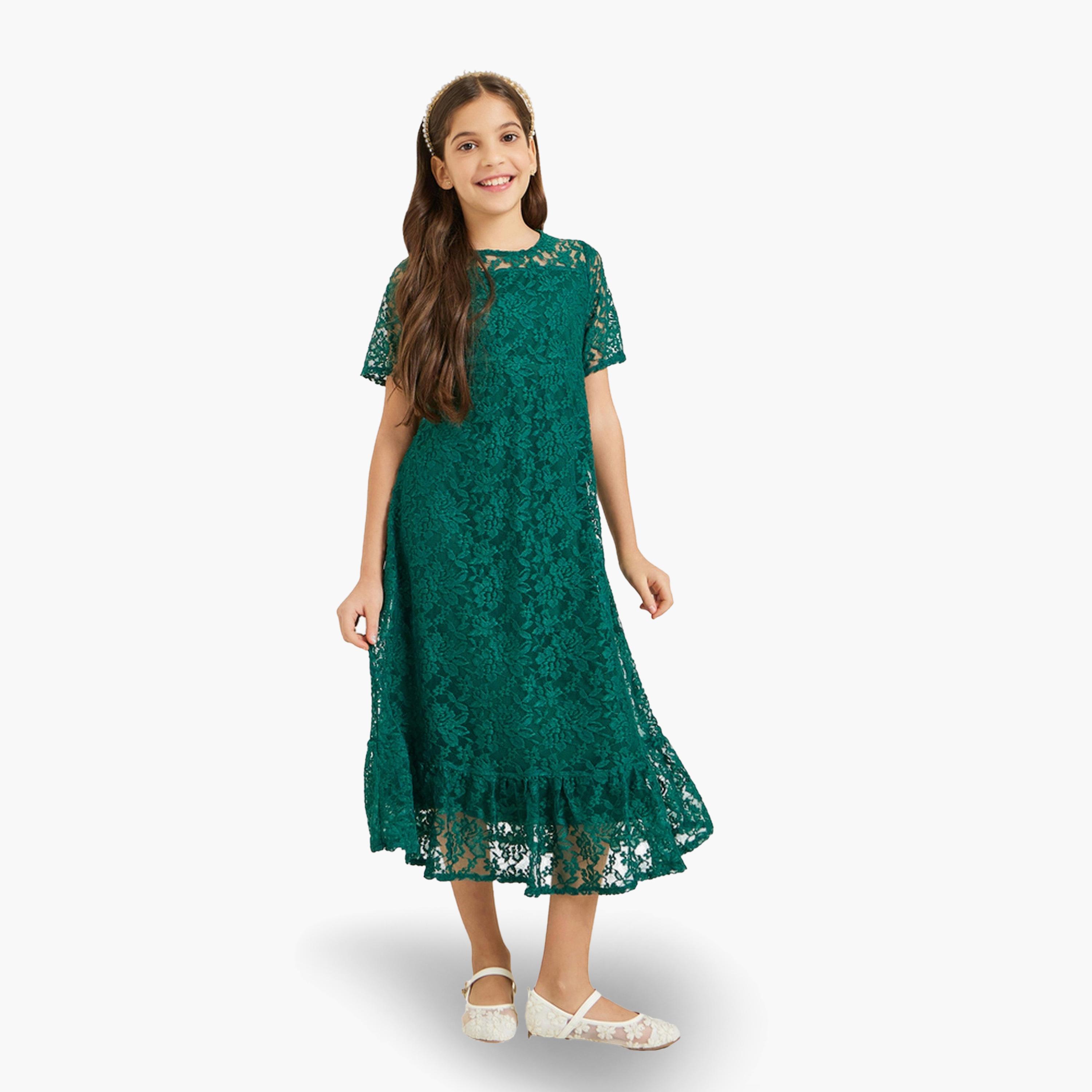 Styli Girls Green Lace A-Line Midi Dress-girls-clothing-dressesandjumpsuits-image-1