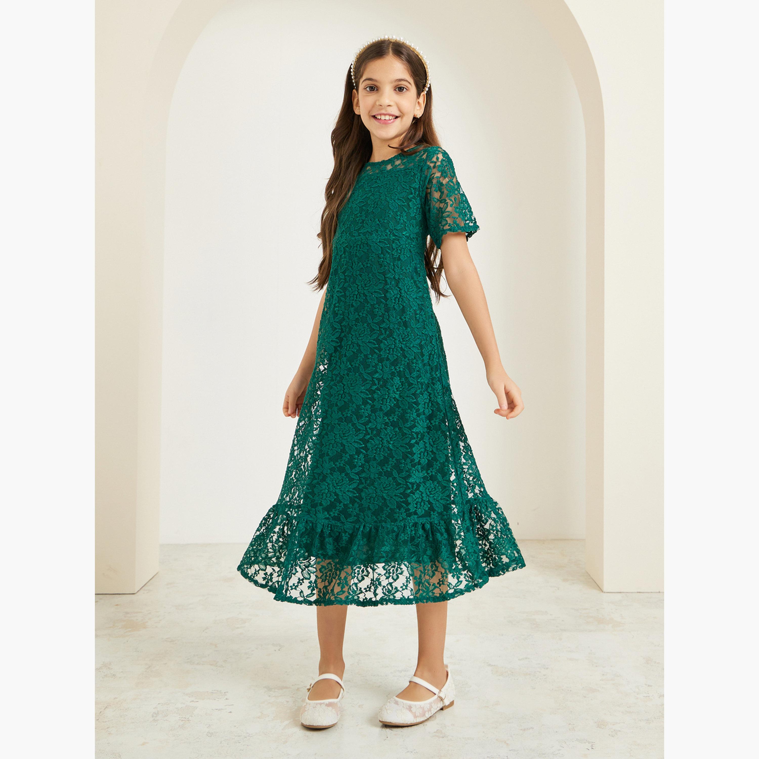 Styli Girls Green Lace A-Line Midi Dress-girls-clothing-dressesandjumpsuits-image-2
