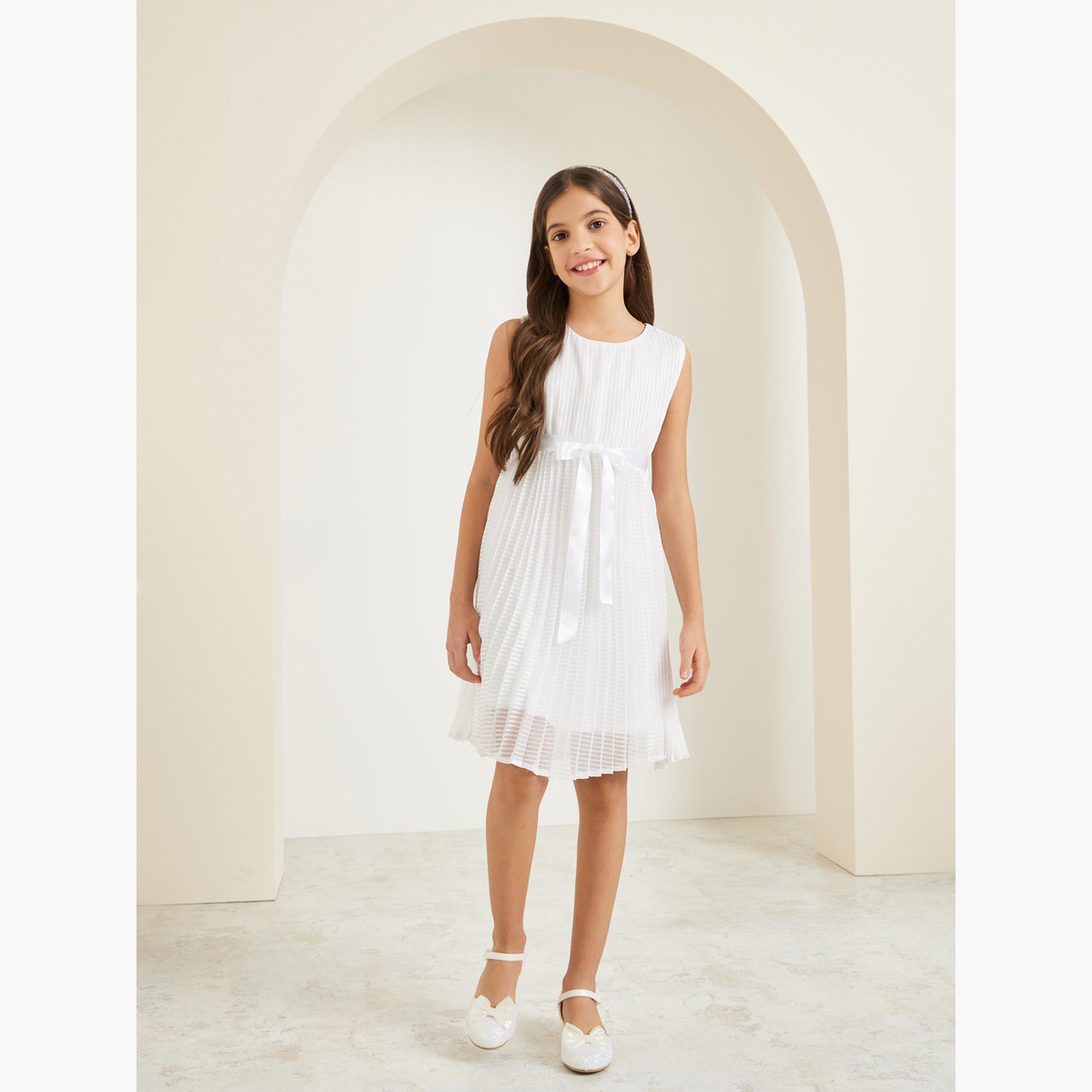 Styli Girls Off White Pleated A-Line Dress-girls-clothing-dressesandjumpsuits-image-2