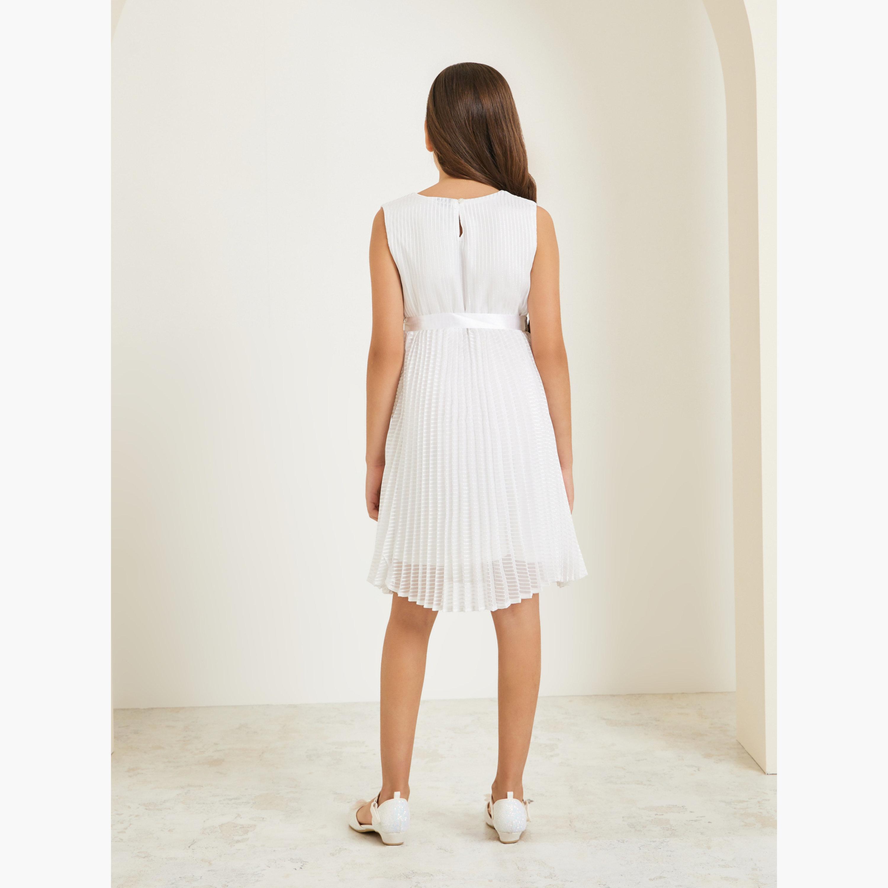 Styli Girls Off White Pleated A-Line Dress-girls-clothing-dressesandjumpsuits-image-3